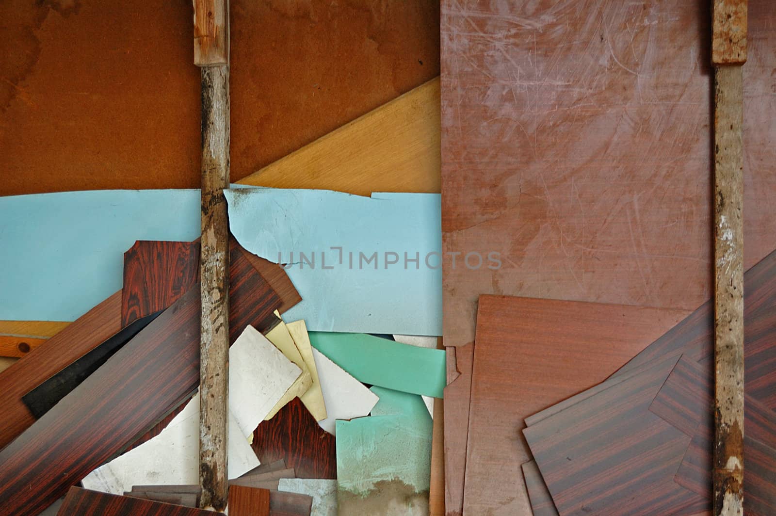 Broken pieces of wood planks abstract background.