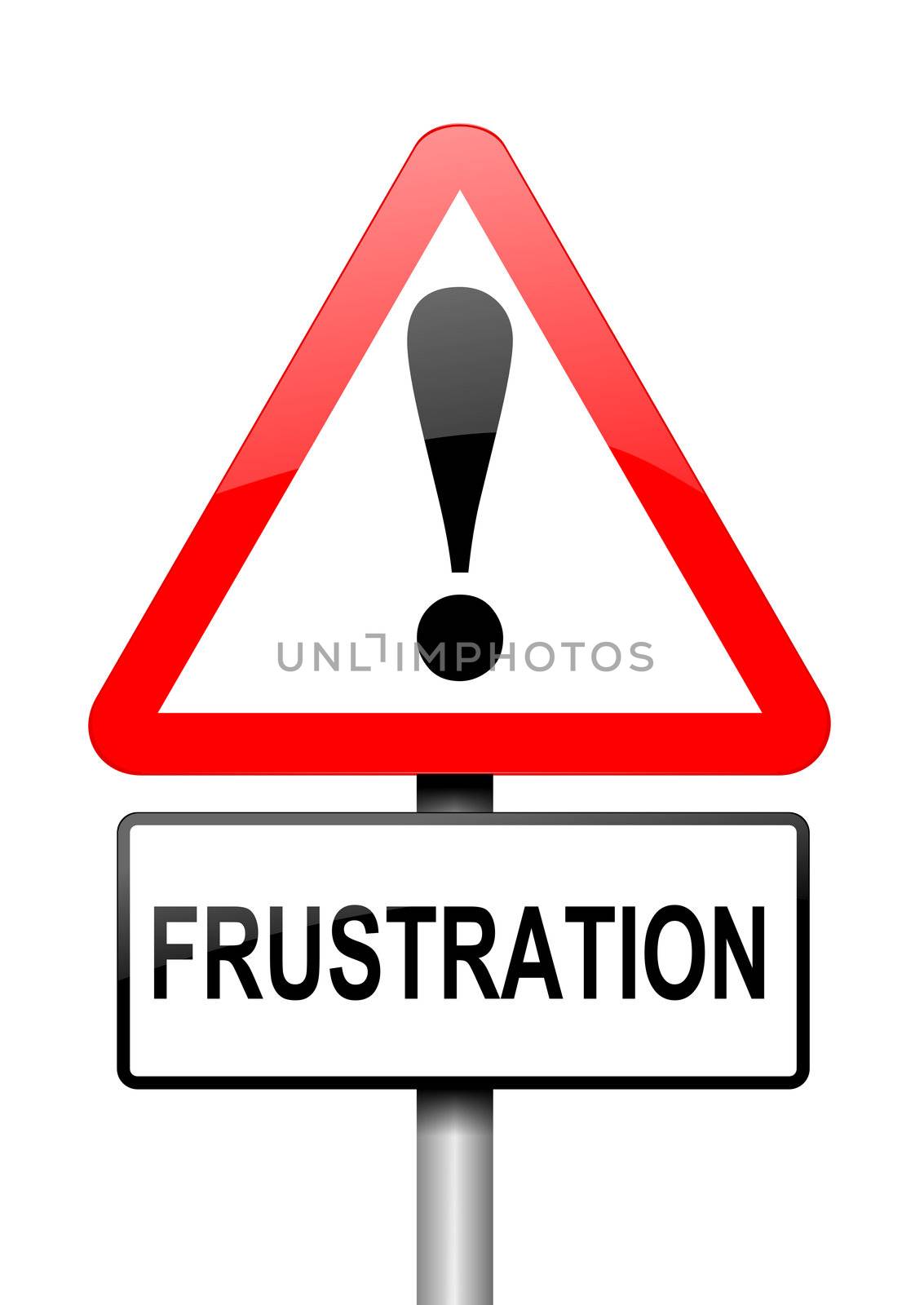 Illustration depicting a red and white triangular warning sign with a frustration concept.White background.