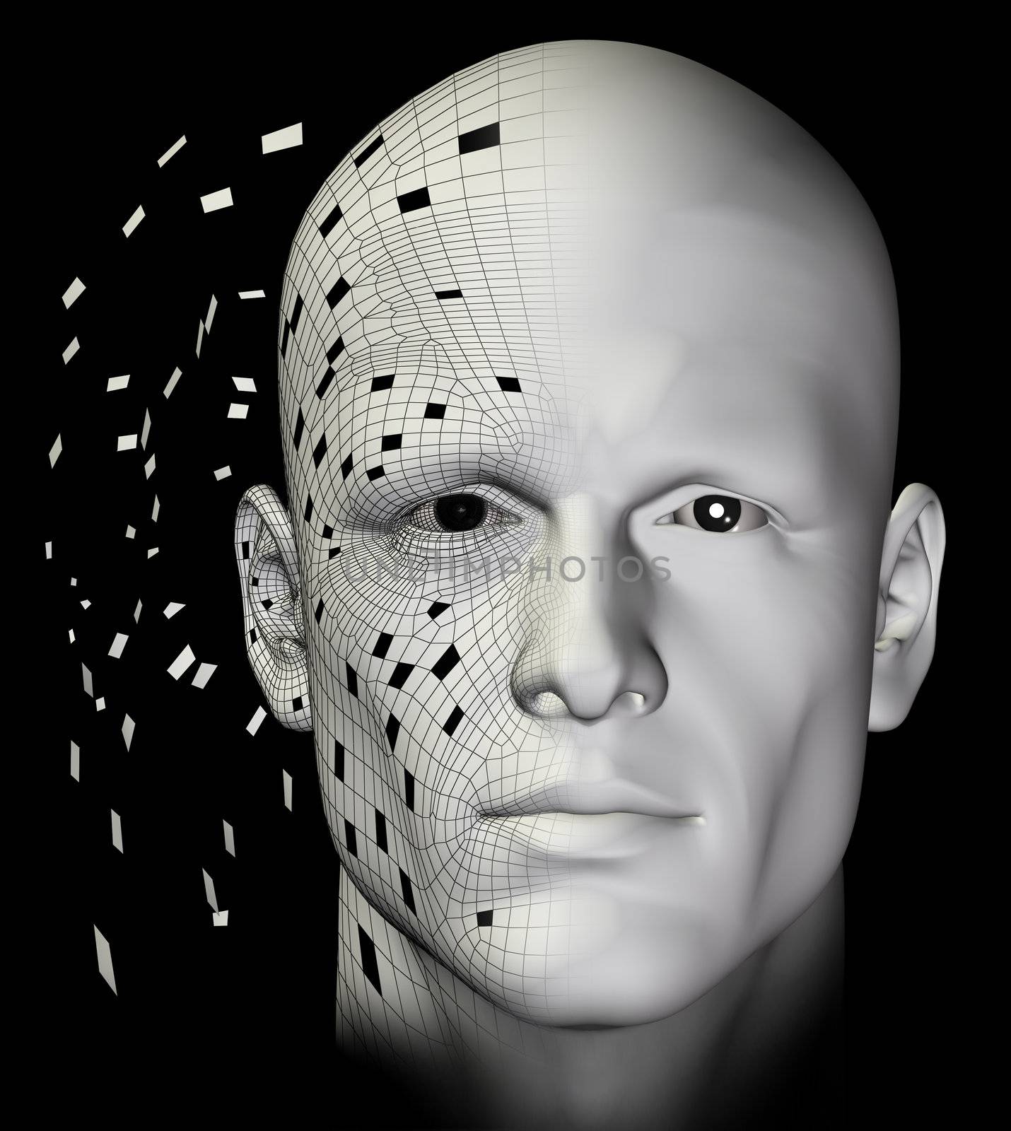 Teletransported man connecting the virtual pieces. Futuristic 3d illustration.