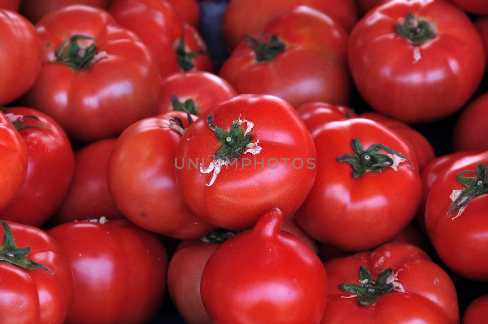 Ripe red tomatoes for sale at grocery store. Vegetables background.