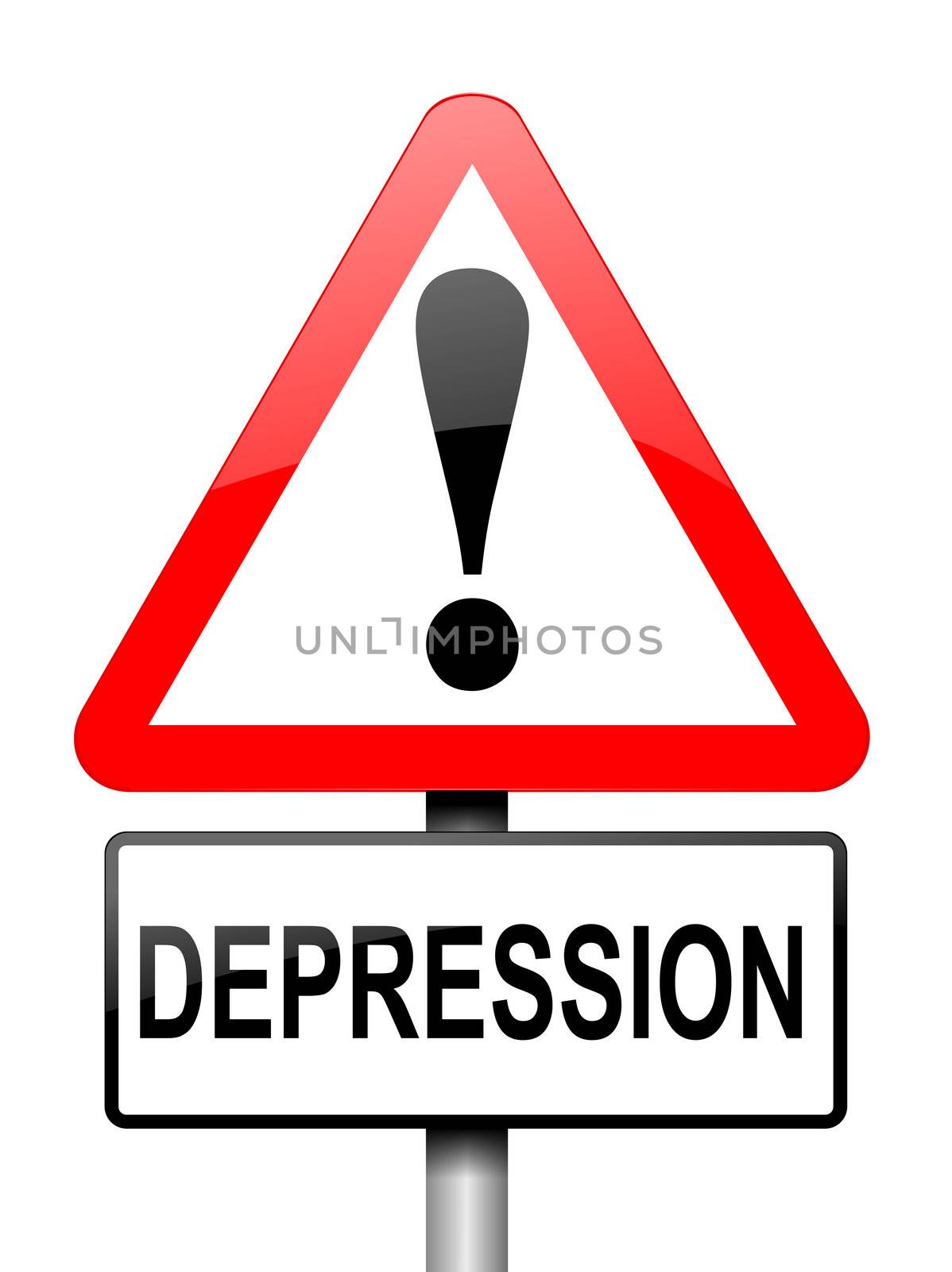 Illustration depicting a red and white triangular warning sign with a depression concept. White background.