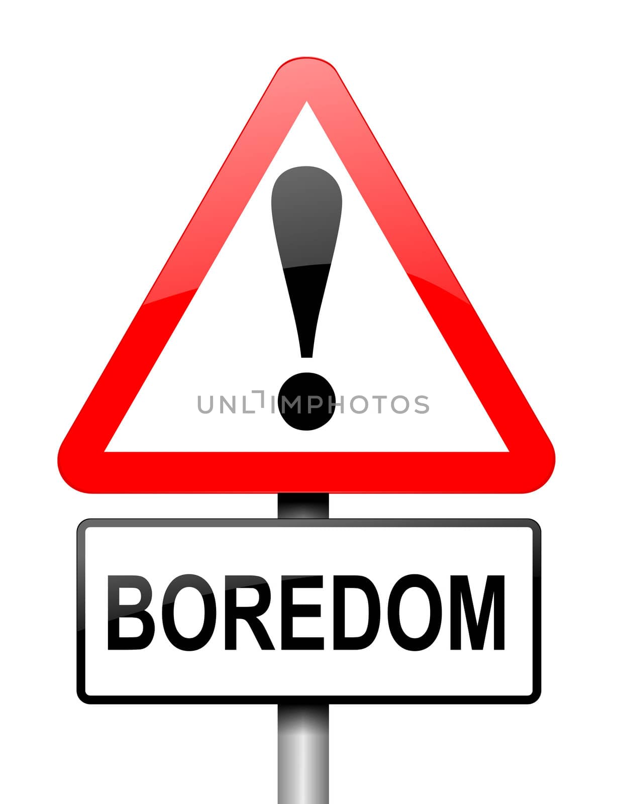 Illustration depicting a red and white triangular warning sign with a 'boredom' concept. White background.