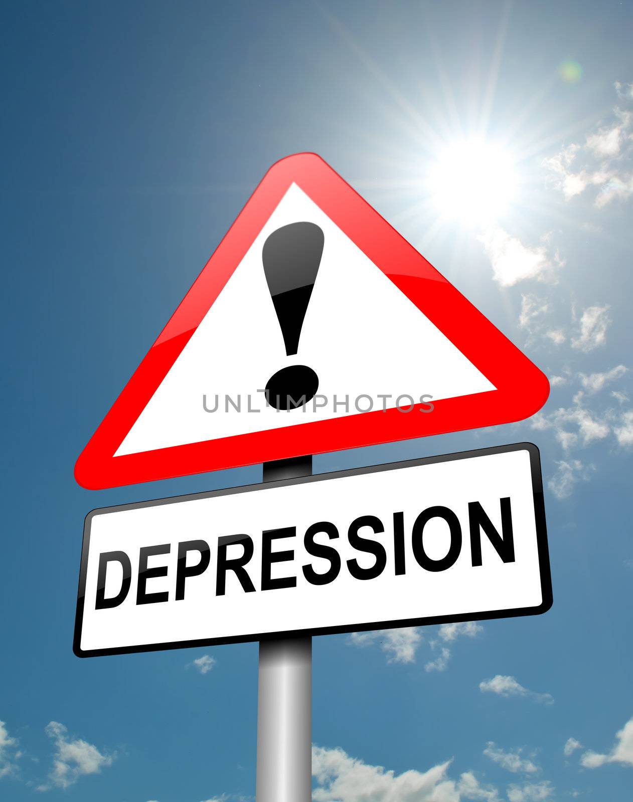 Illustration depicting a red and white triangular warning sign with a depression concept. Blue sky background.