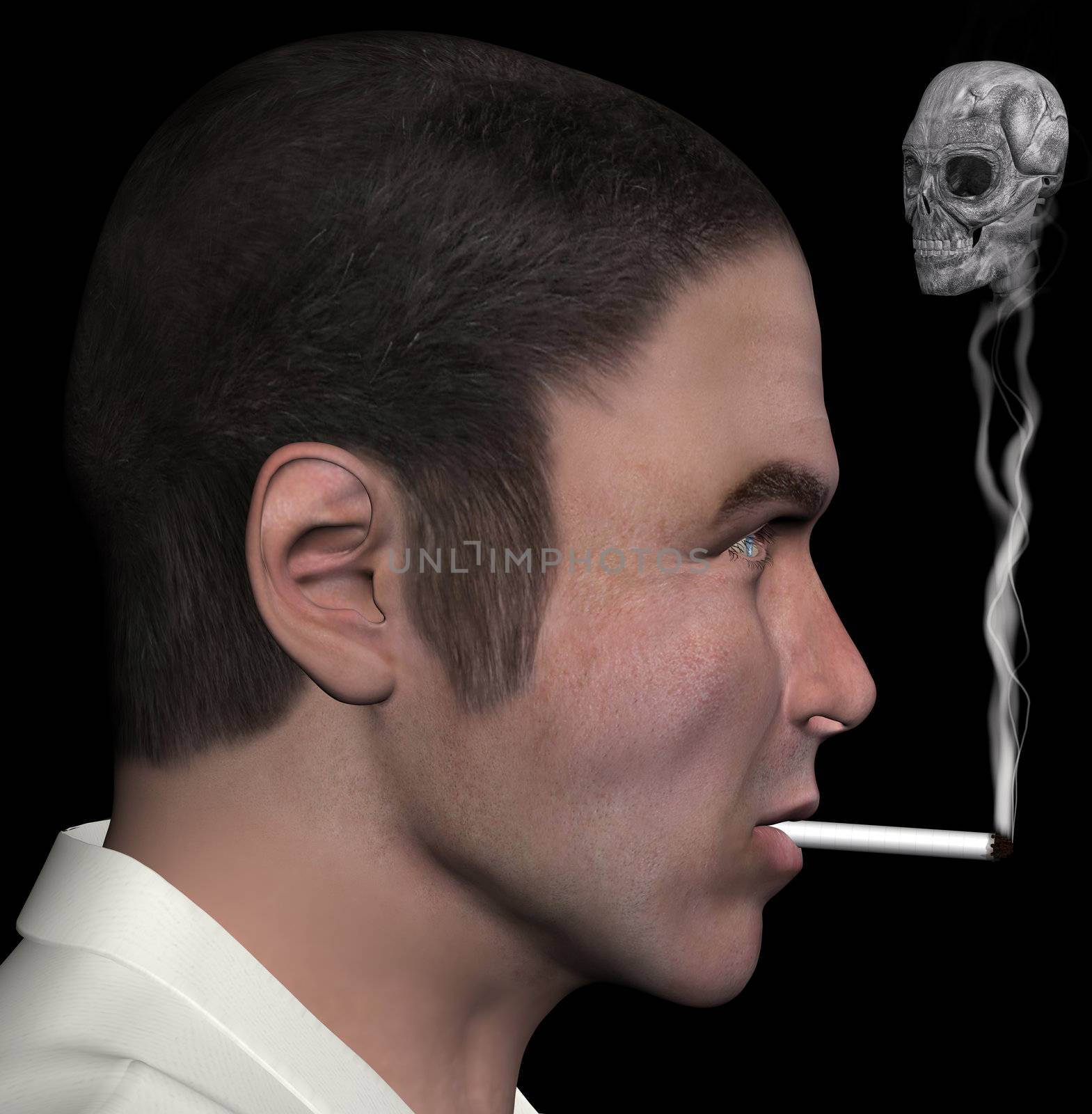 Man profile and smoke skull 3d illustration.