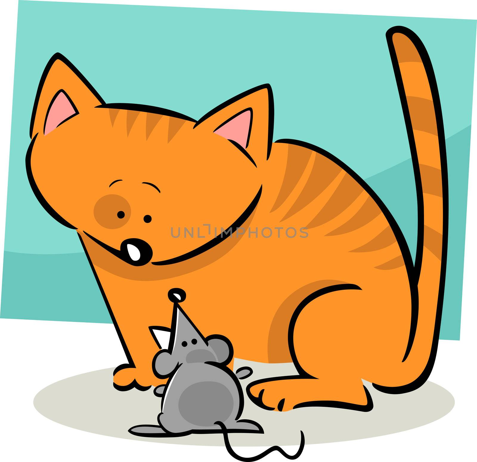 cartoon doodle illustration of kitten and mouse