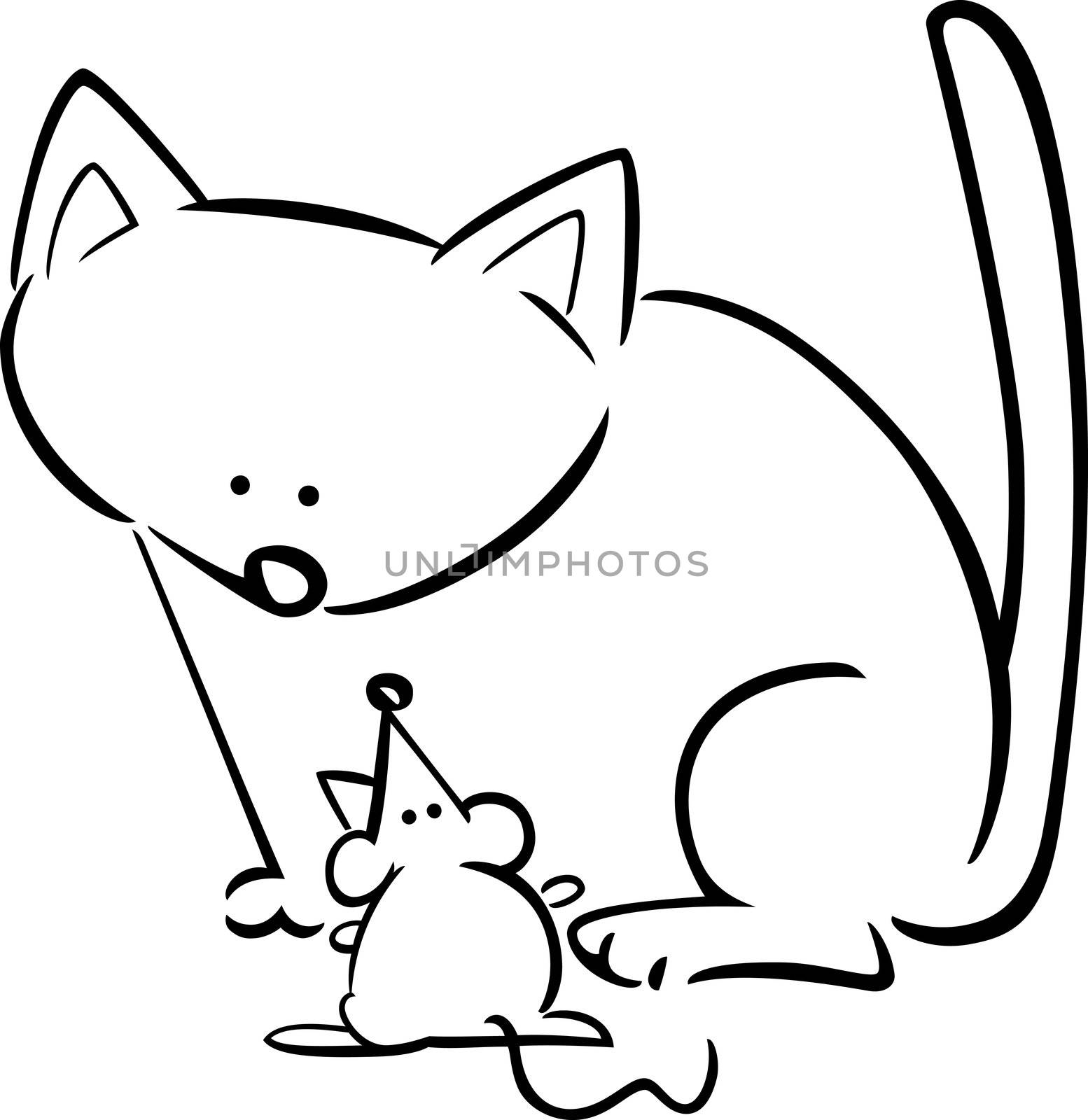 cartoon doodle illustration of kitten and mouse for coloring book