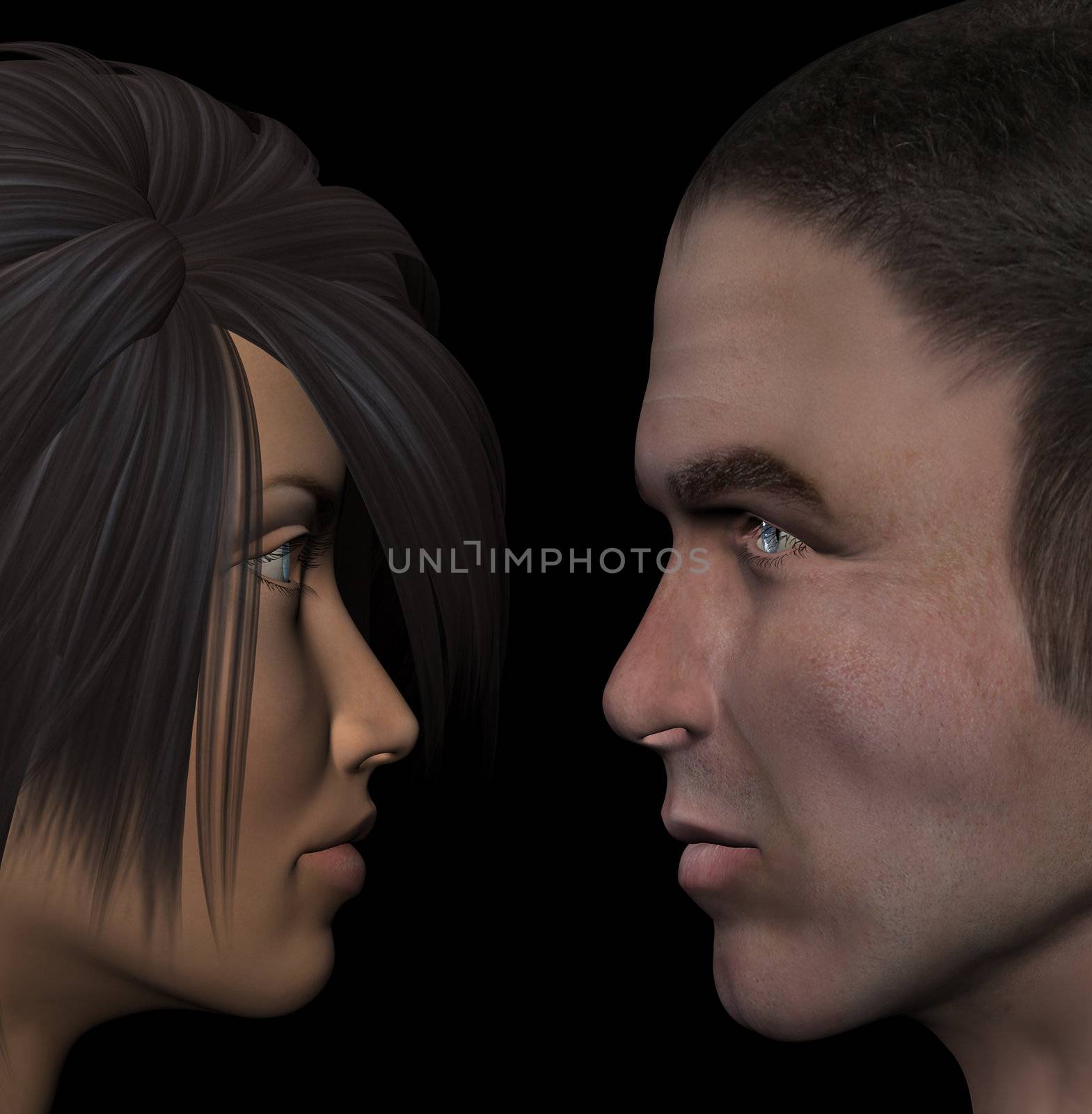 Young couple in love looking into each other's eyes. Man and woman 3d illustration.