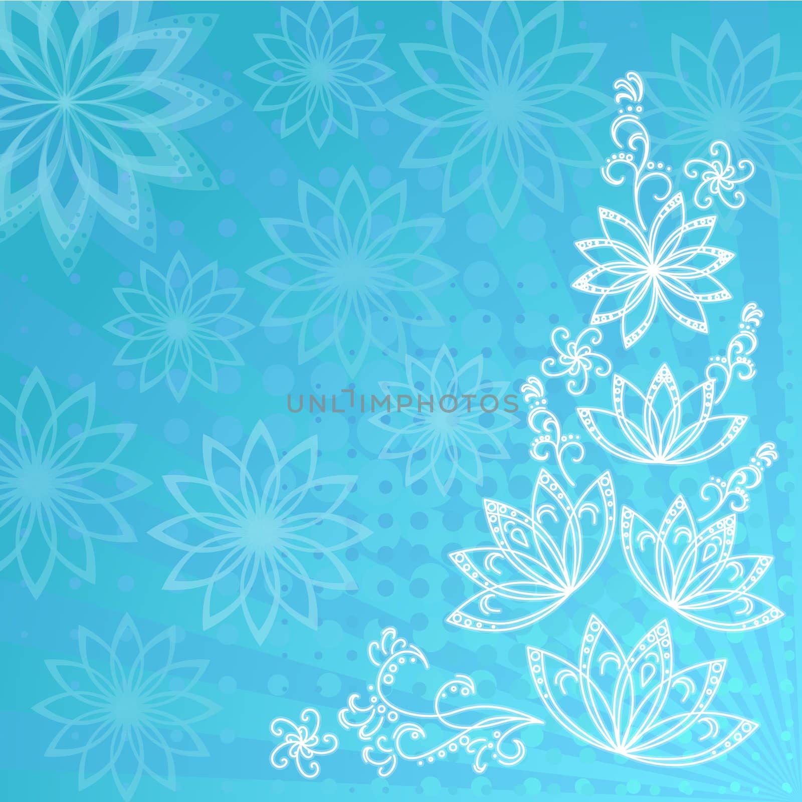 Abstract floral blue background with white flowers contours