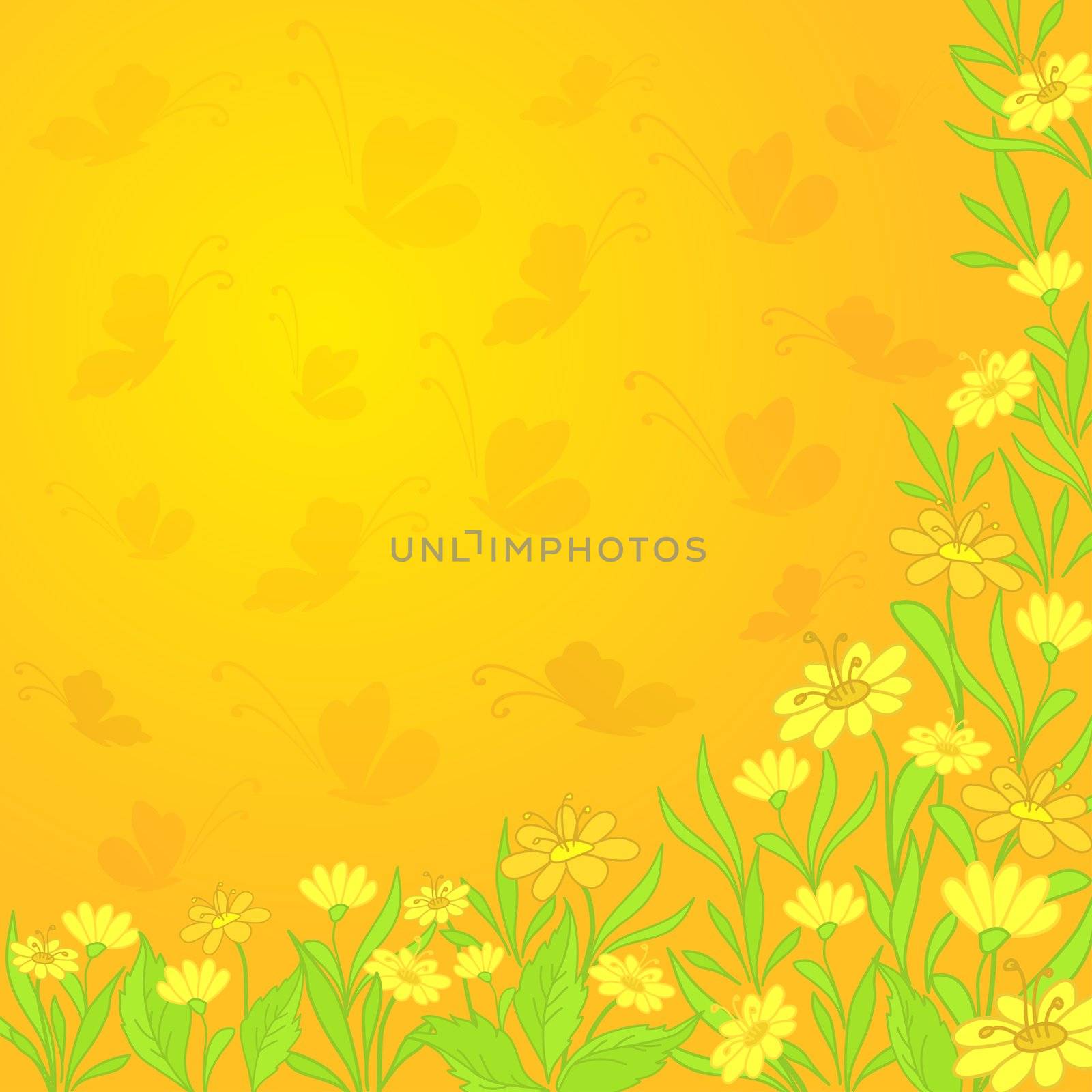 Abstract green and yellow vbackground with flowers and butterflies