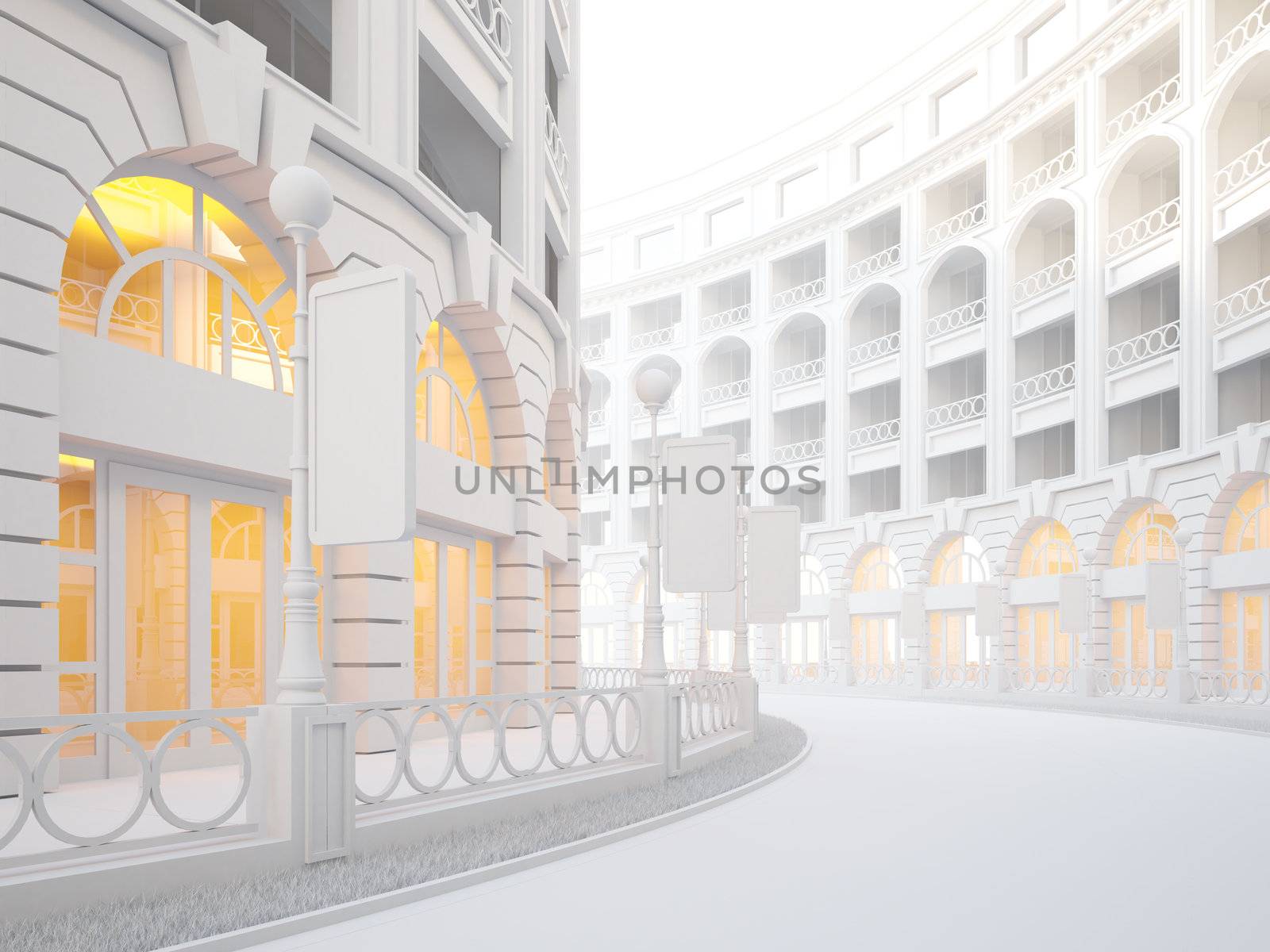 A 3d illustration of atmospheric empty street of retail stores.