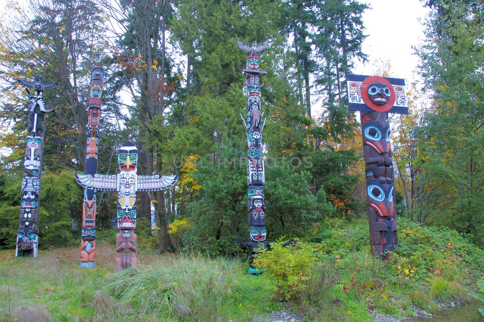 Totem poles in Stanley Park in Vancouver, Canada