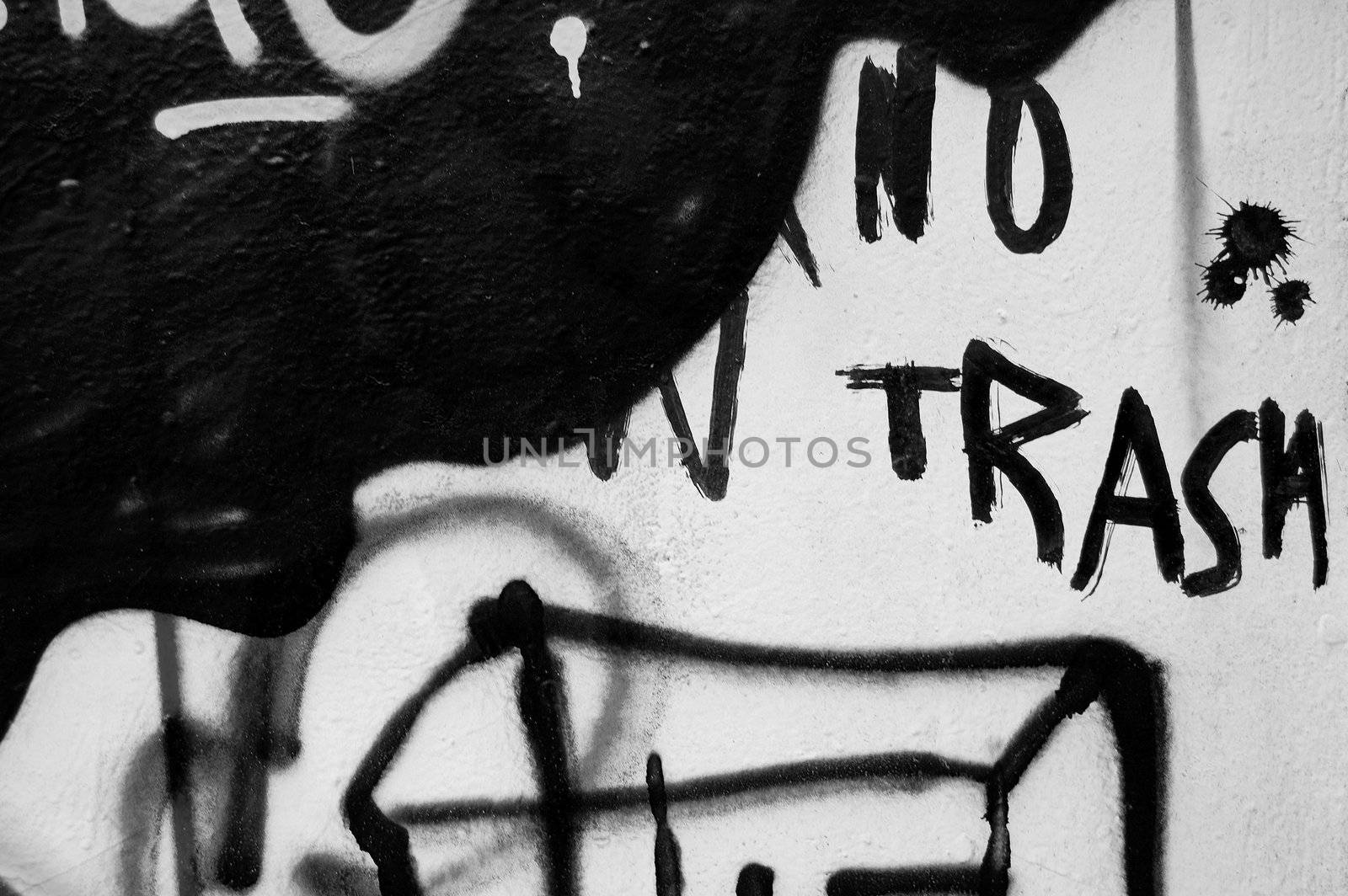 No trash graffiti street art detail abstract background. Black and white.