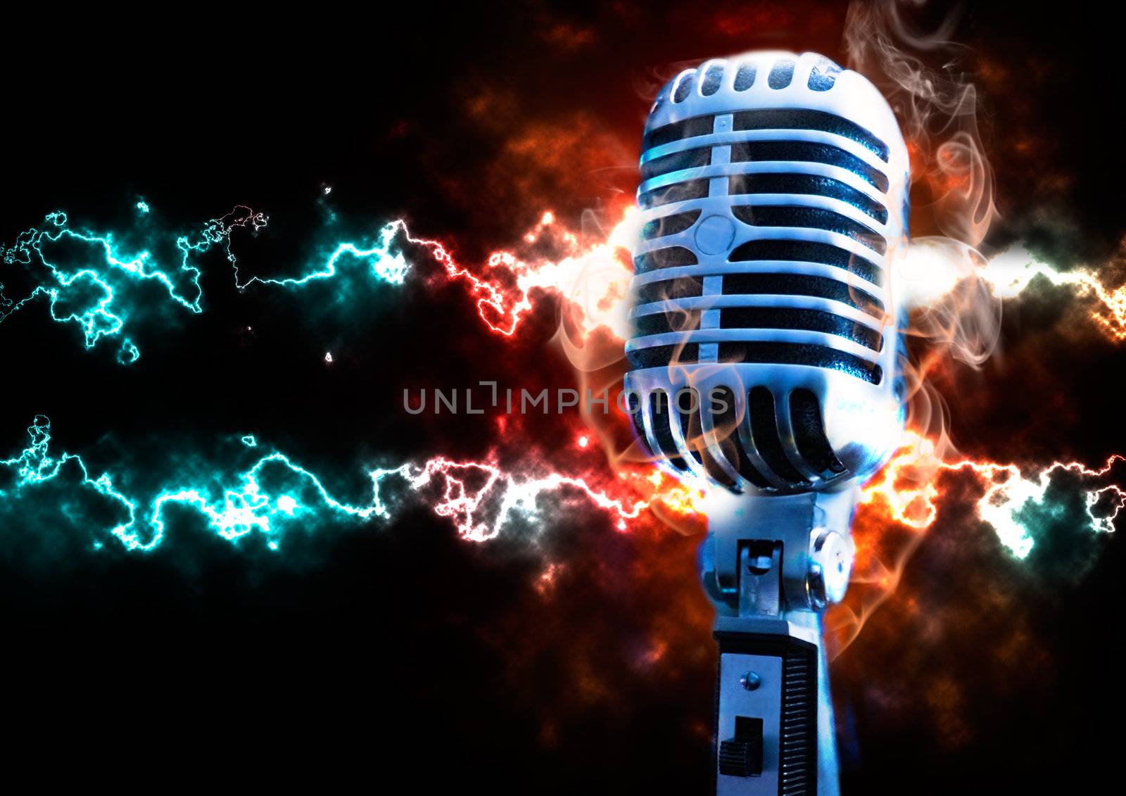 Music illustration with vintage microphone and explosion with fire and ray