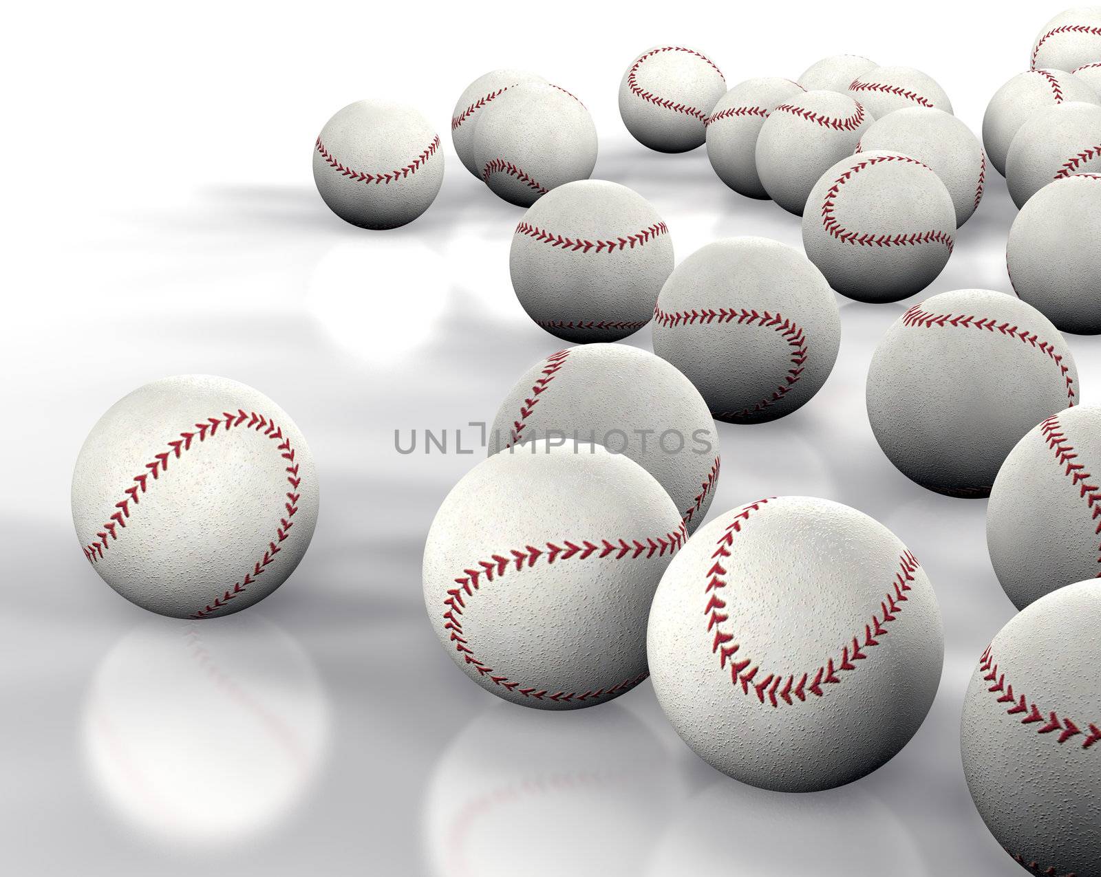 3D image many baseballs isolated on white