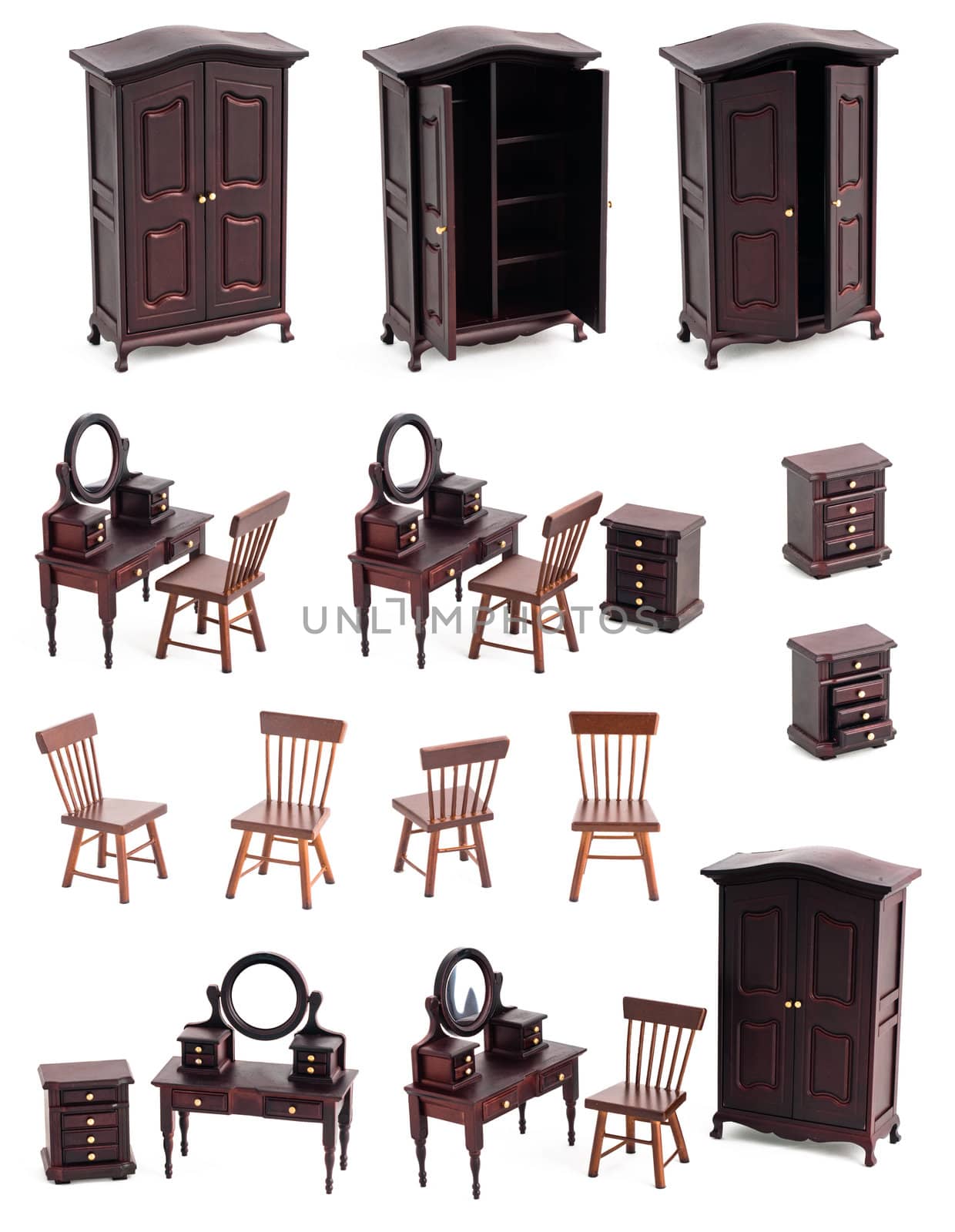 Dressing room isolated with shadows, wooden and vintage furniture toys