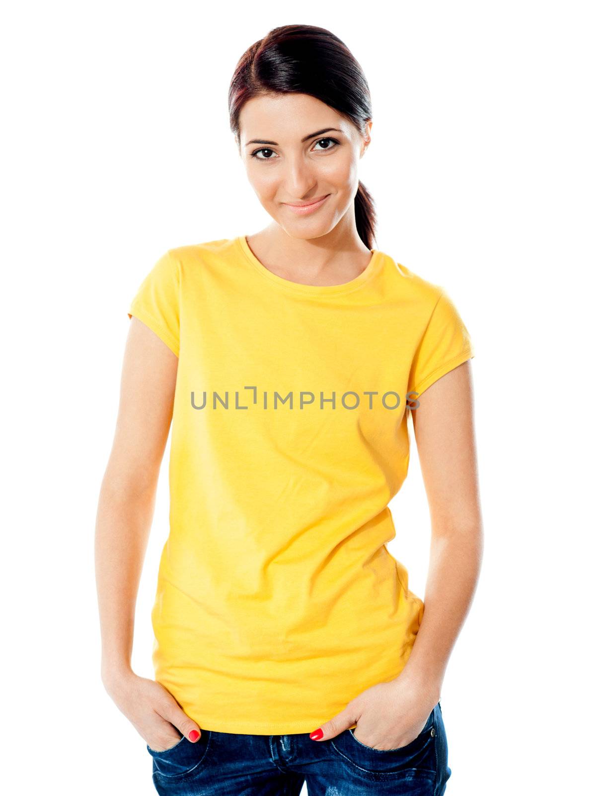 Trendy teen girl half length portrait isolated on white background