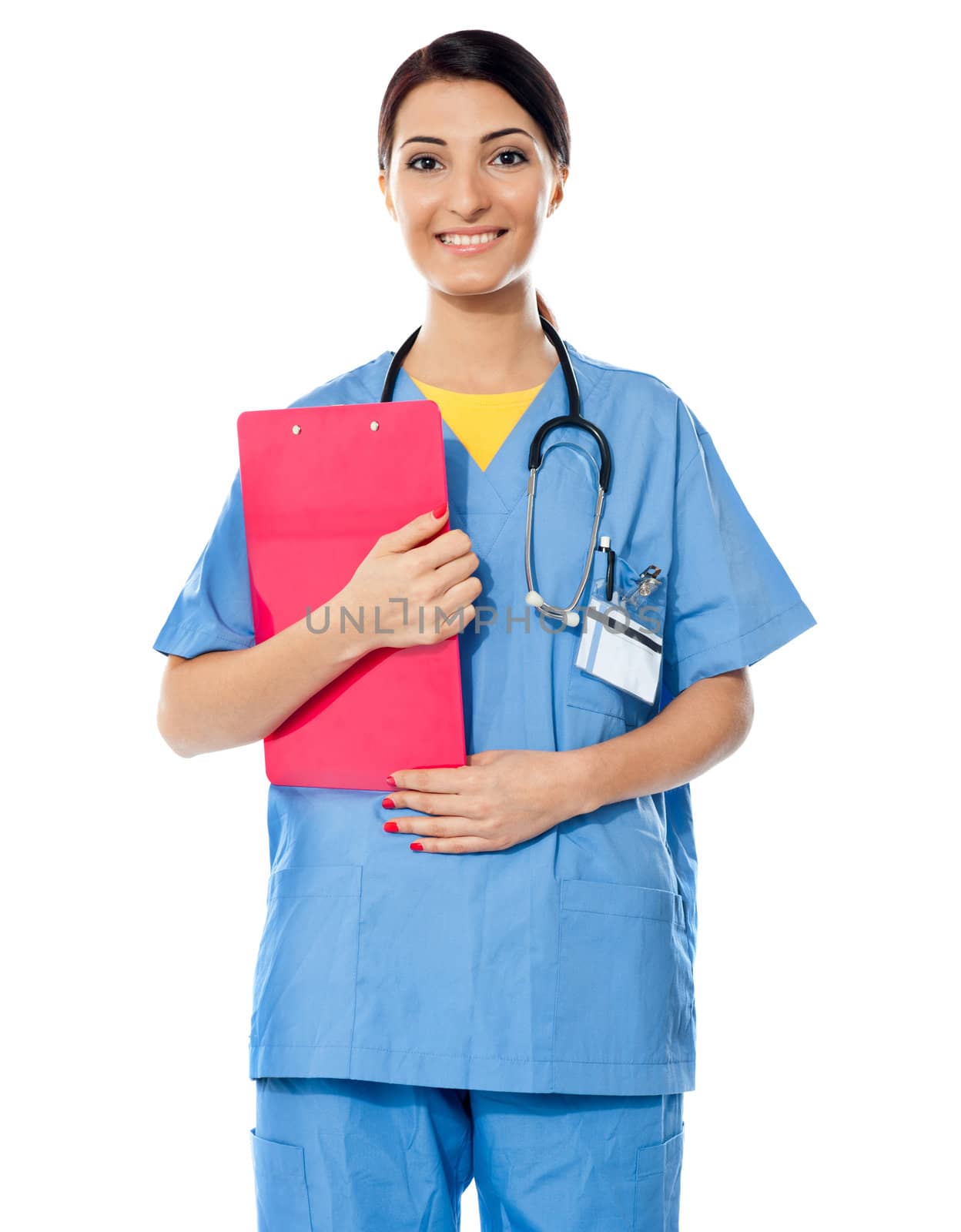 Medical specialist standing with prescripton report. Stethoscope around her neck