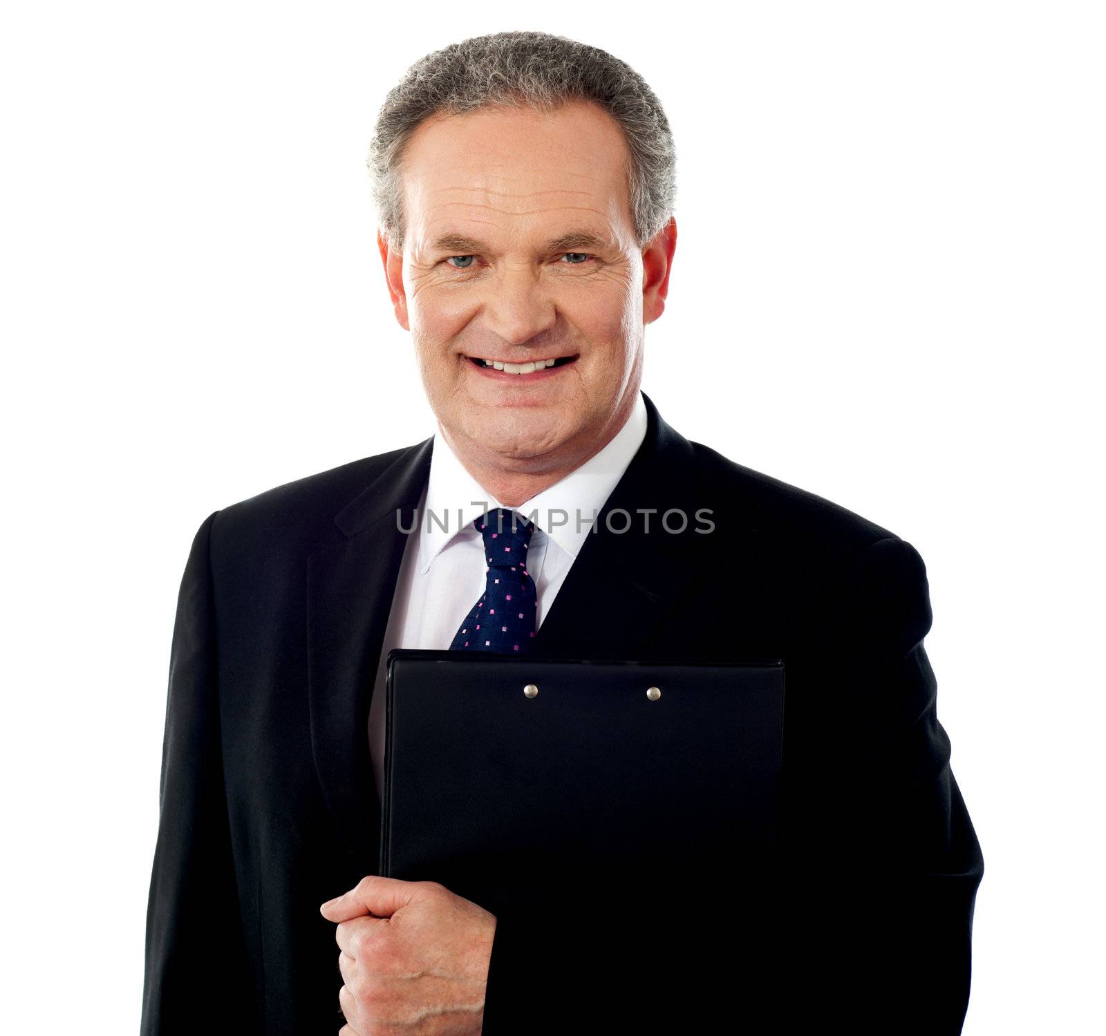 Smiling business person with document file isolated against white background
