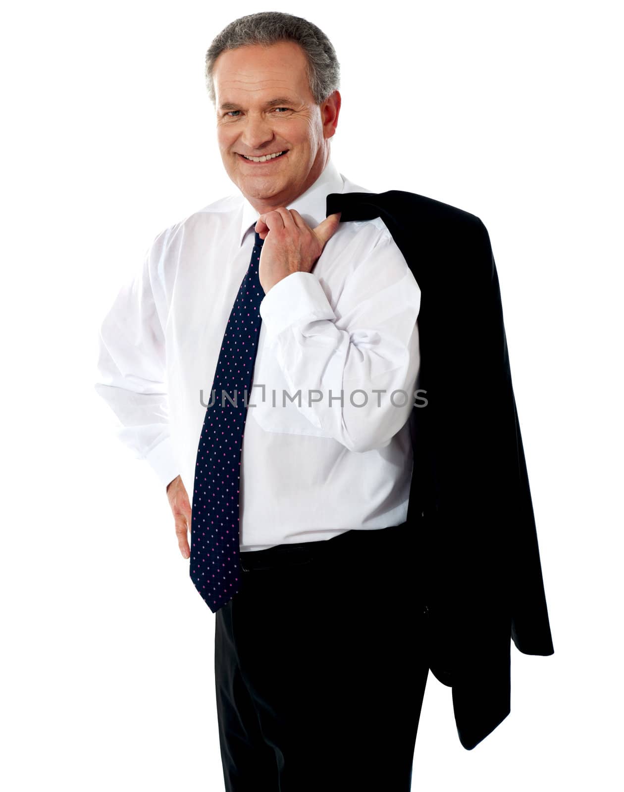 Portrait of senior male executive holding coat over his shoulders isolated against white