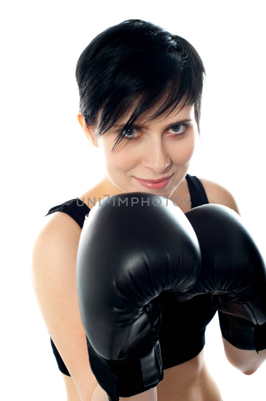 Attractive caucasian girl practicing boxing, isolated on white background