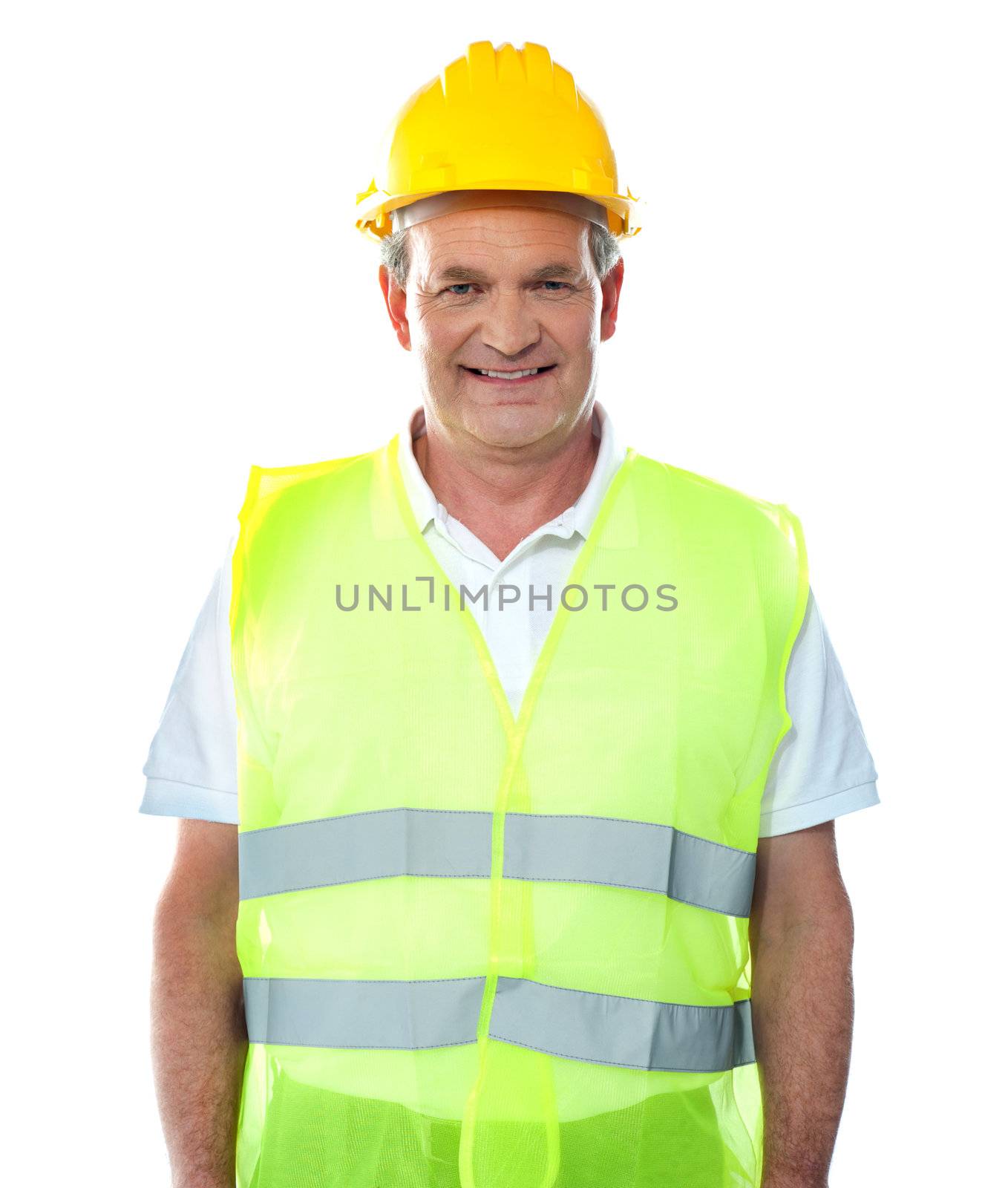 Portrait of smiling senior architect against white background