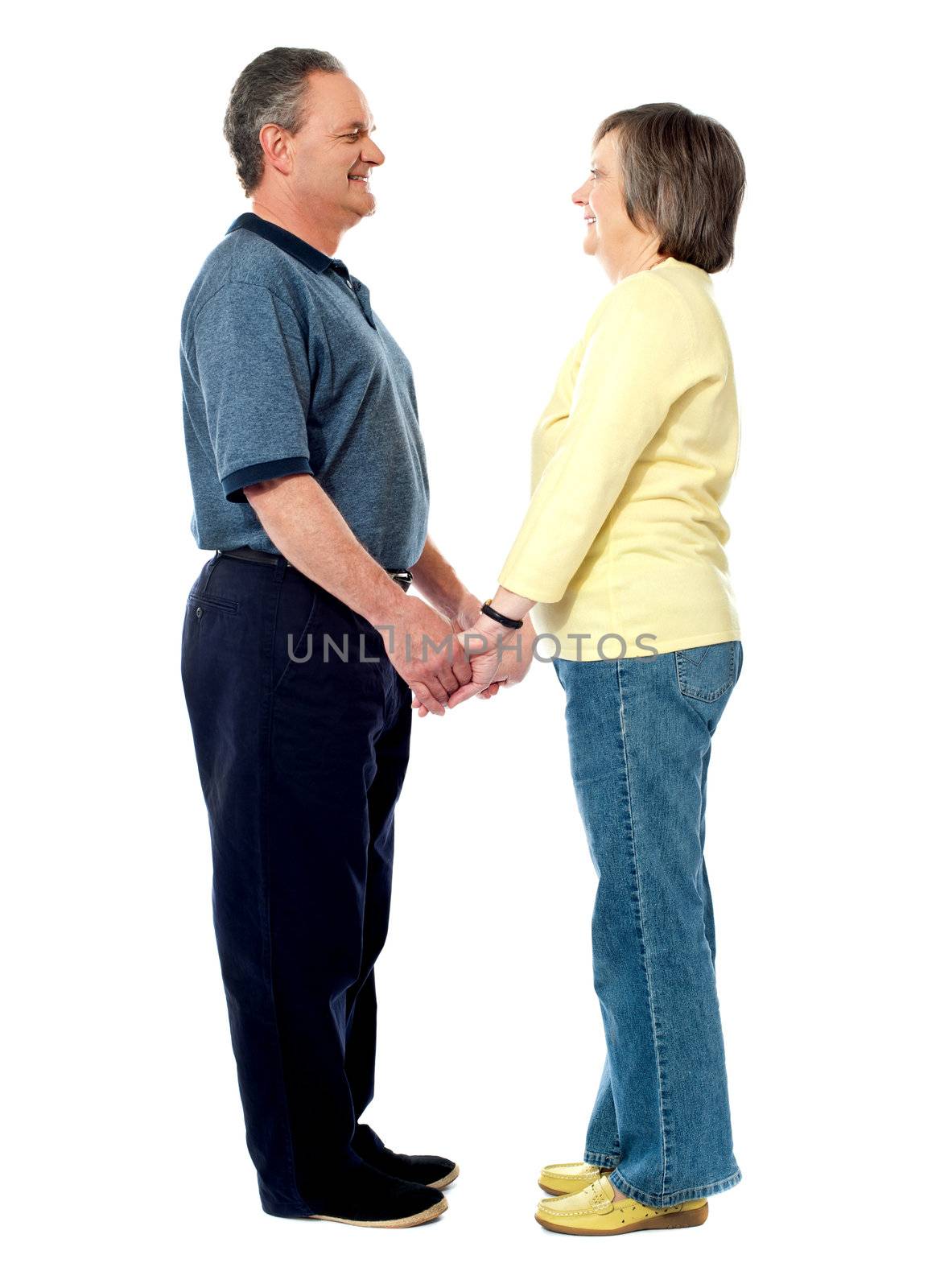 Full length portrait of happy old couple holding hands. Face to face