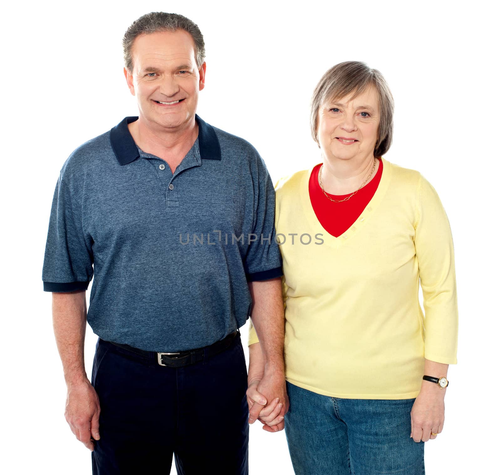 Loving senior couple posing with hand in hand. Studio shot
