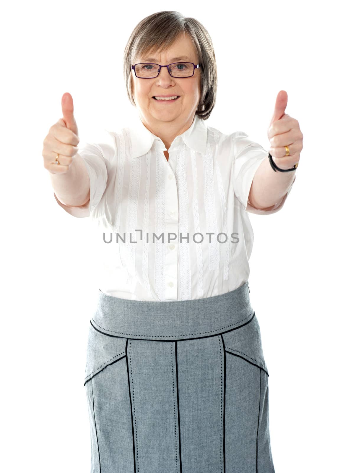 Woman executive showing double thumbs-up isolated on white