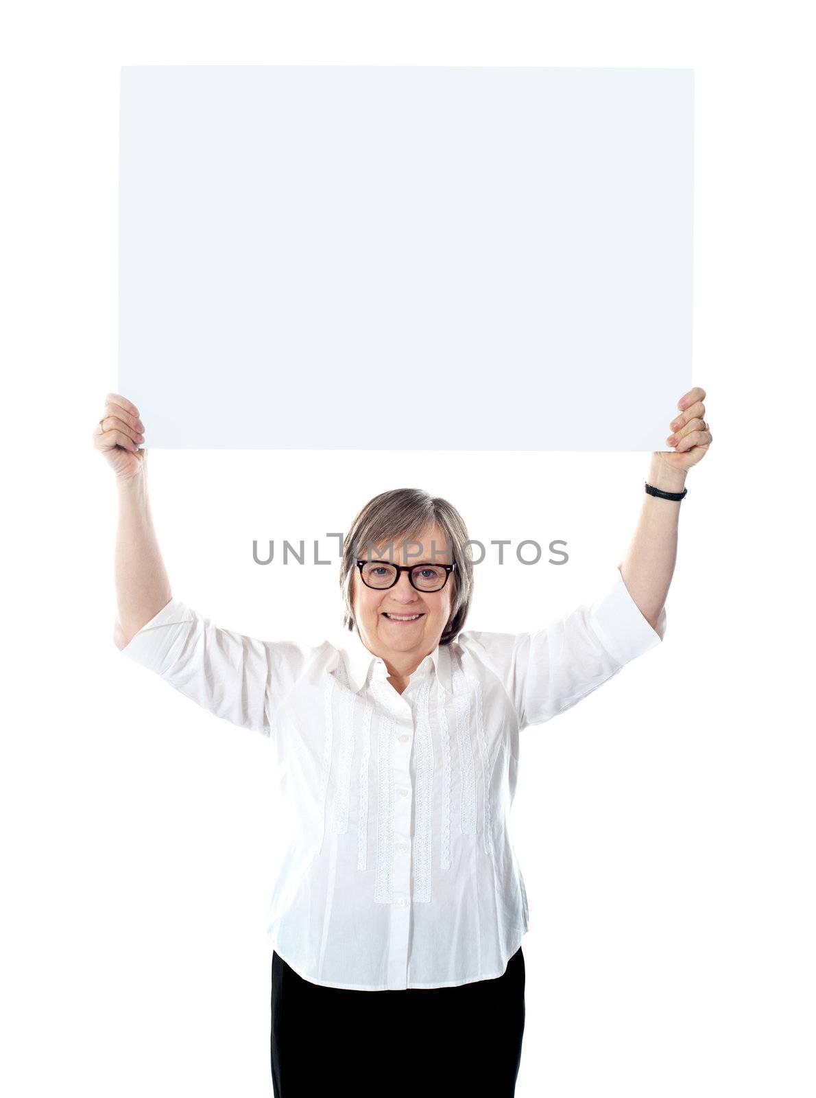 Old woman standing with blank billboard over her head
