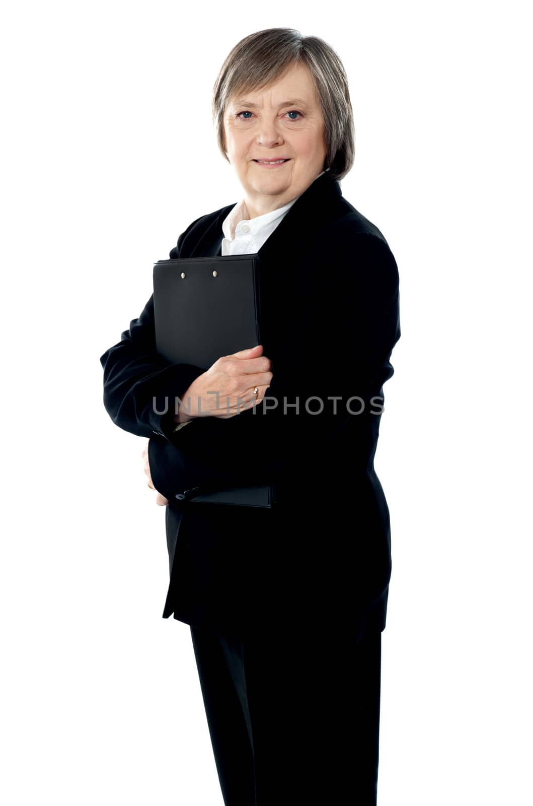 Corporate lady posing with documents isolated over white