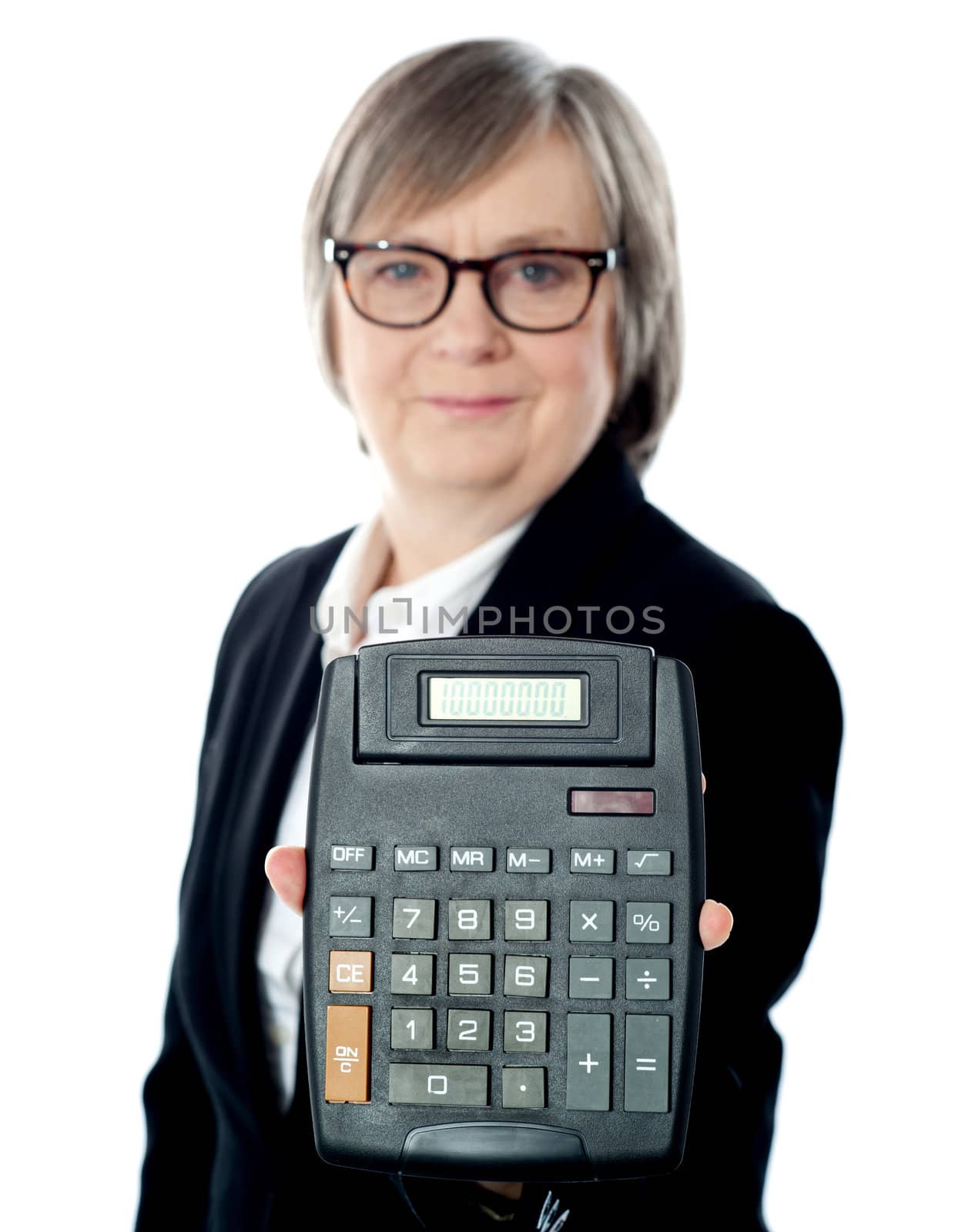 Business professional showing calculator to camera. Isolated on white
