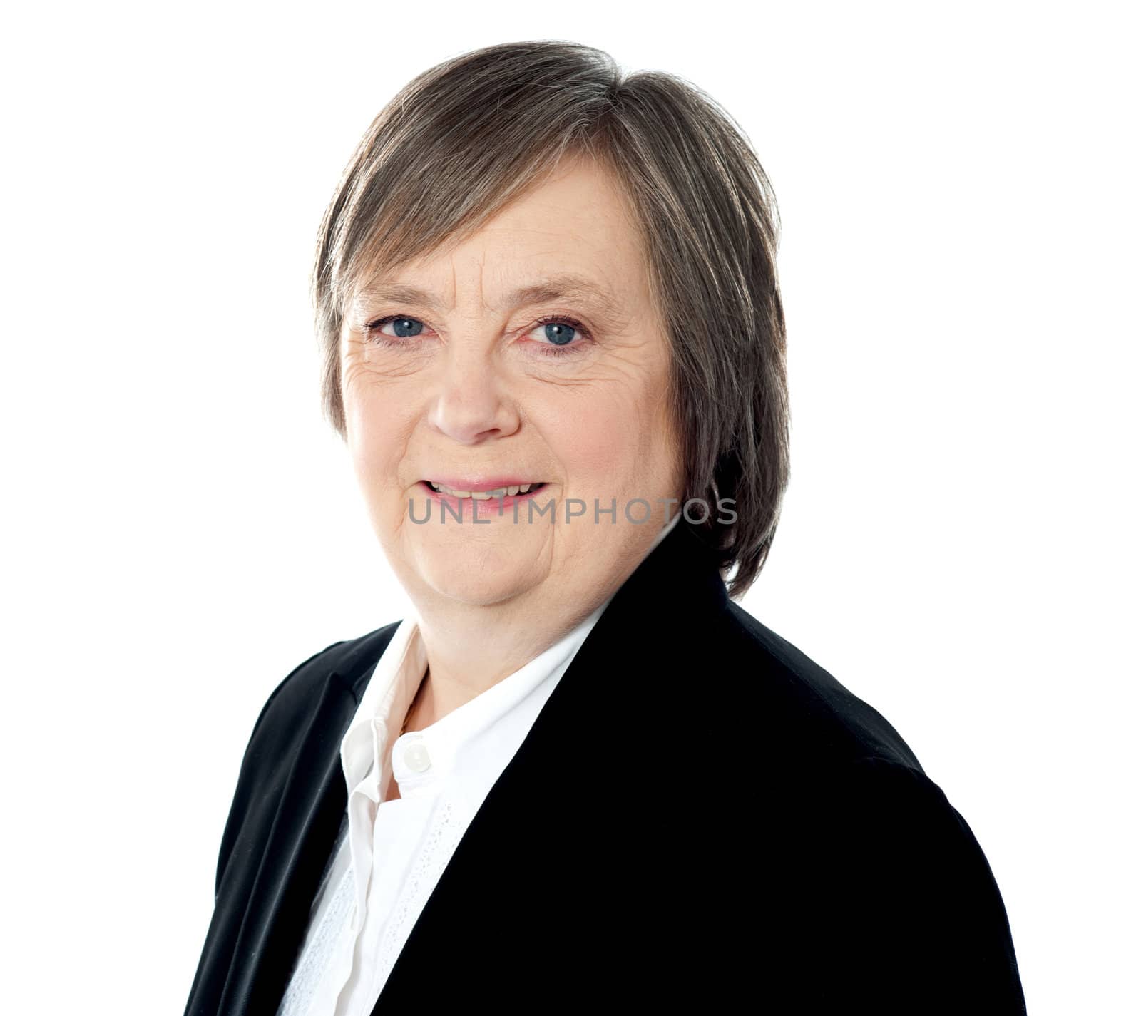 Senior businesswoman isolated on white, closeup shot