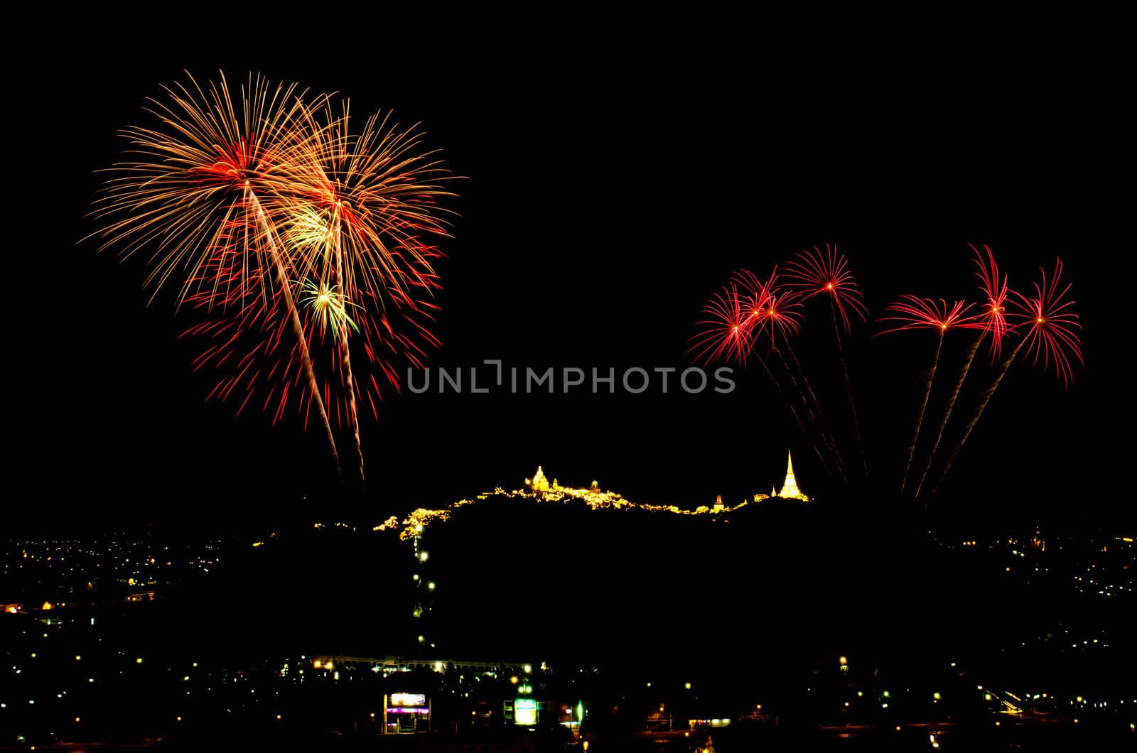 fireworks display above Thai temple on the hill at Khao Wang  Phetchaburi,Thailand