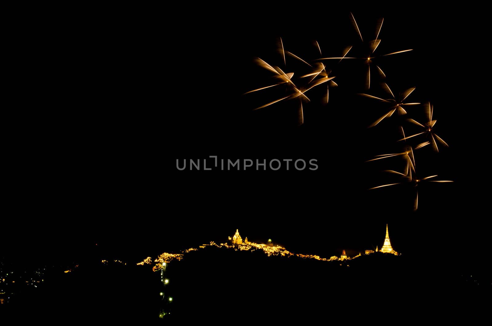 fireworks display above Thai temple on the hill at Khao Wang  Phetchaburi,Thailand