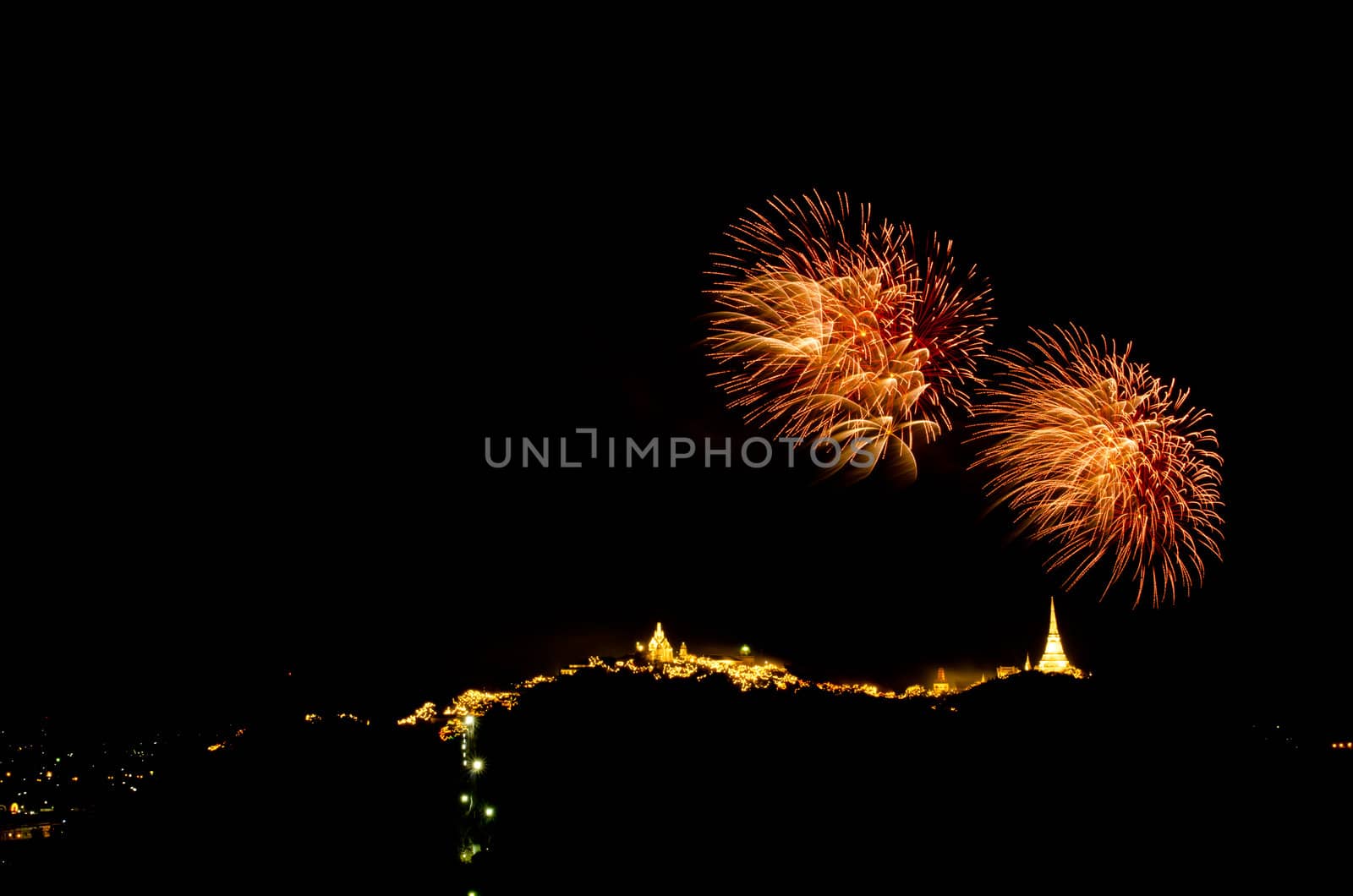 fireworks display above Thai temple on the hill at Khao Wang  Phetchaburi,Thailand