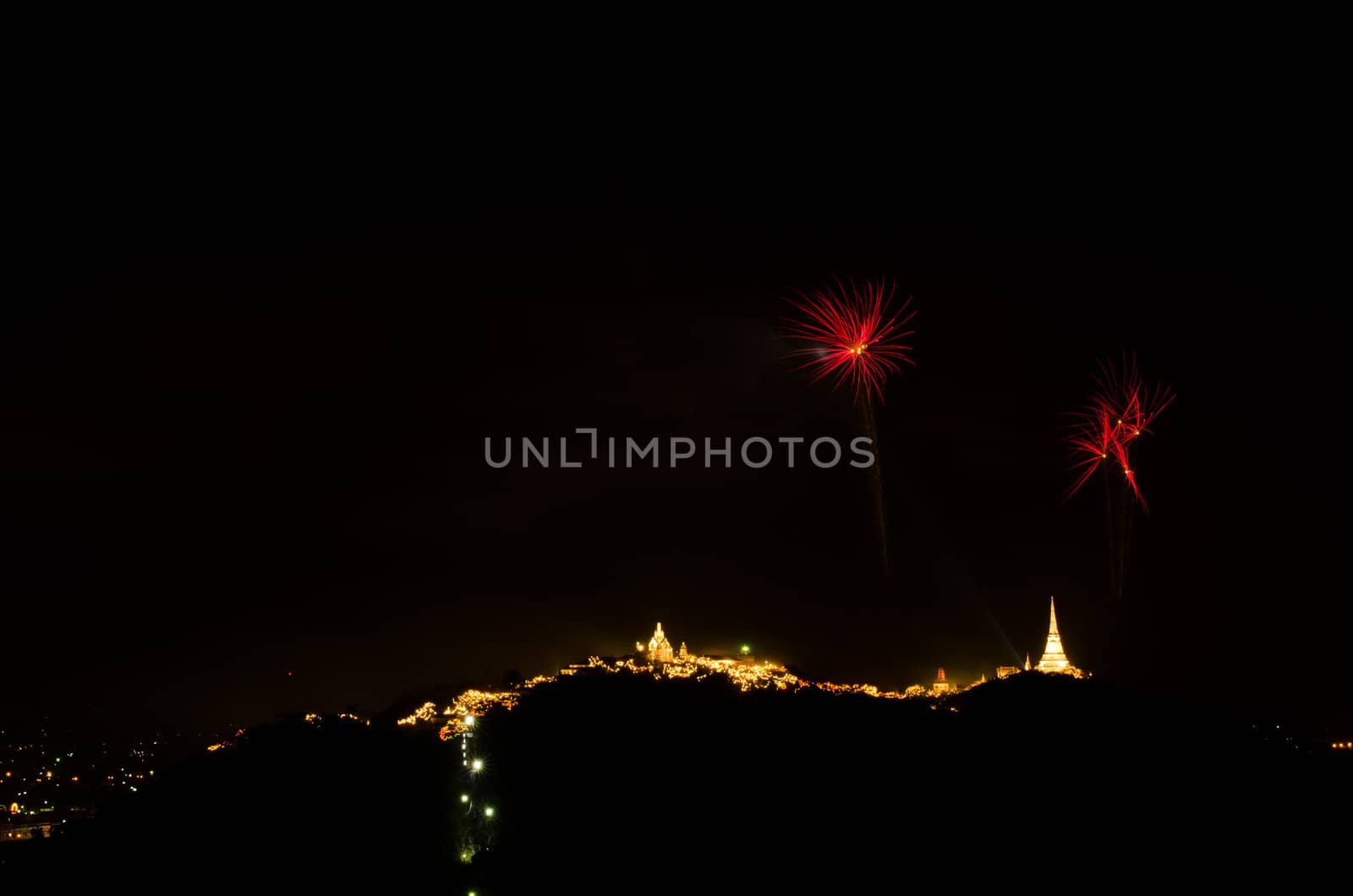 fireworks display above Thai temple on the hill at Khao Wang  Phetchaburi,Thailand