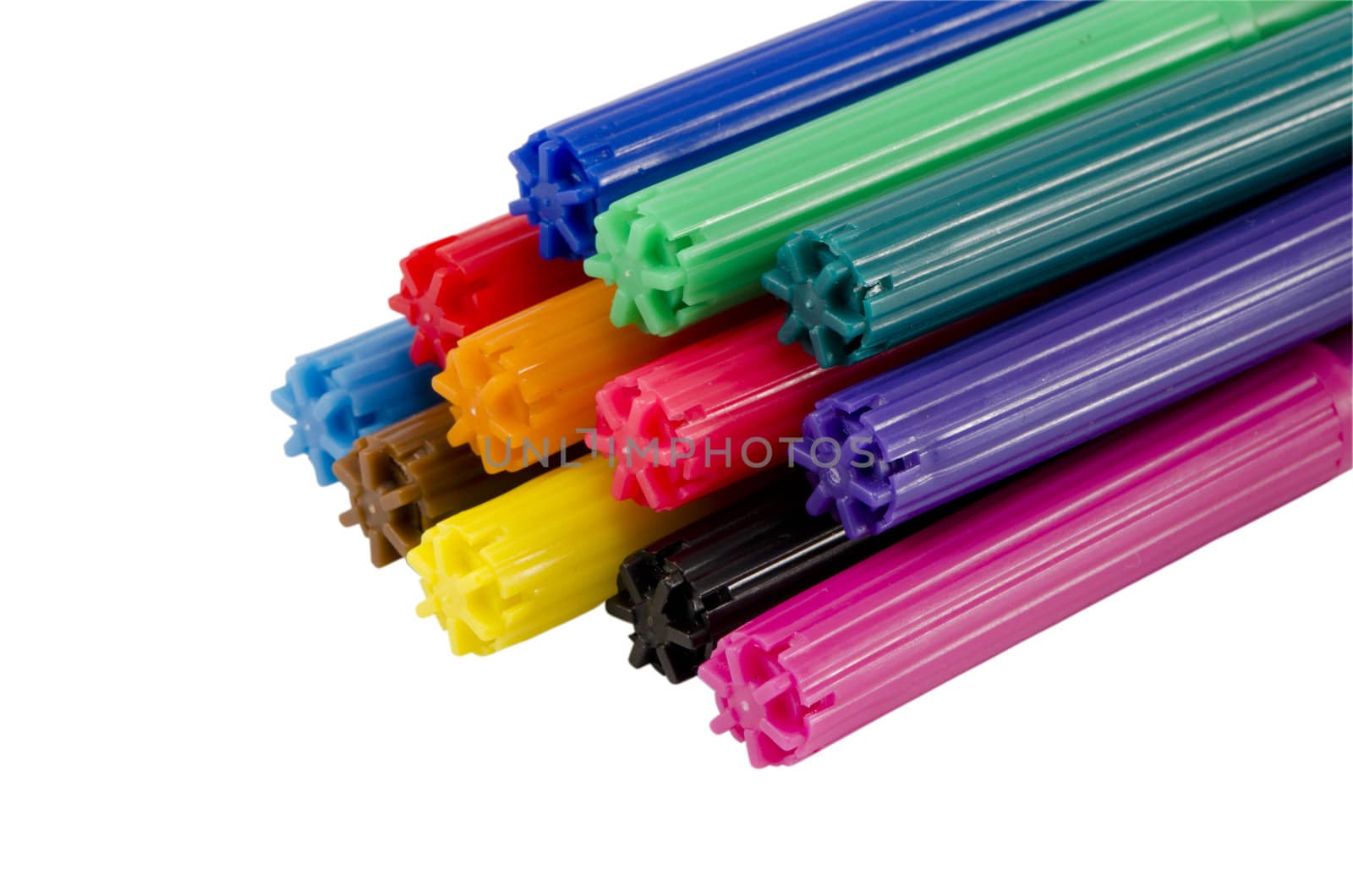 stacked colorful felt tip pen cap isolated white by sauletas