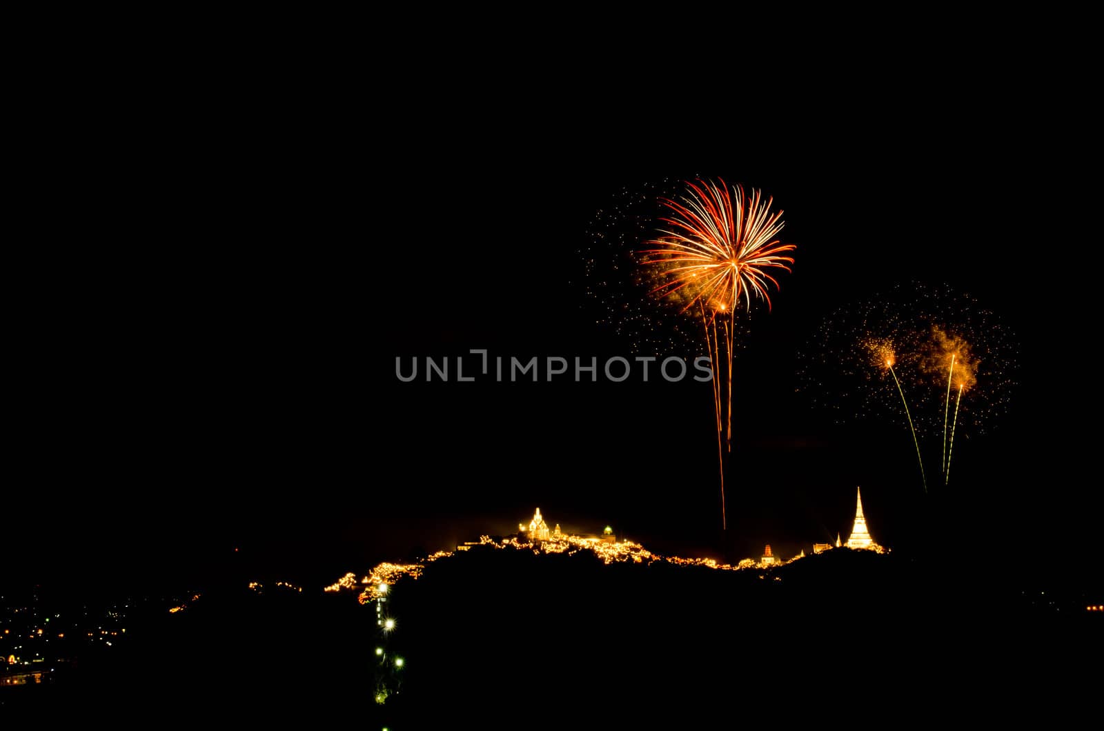 fireworks display above Thai temple on the hill at Khao Wang  Phetchaburi,Thailand