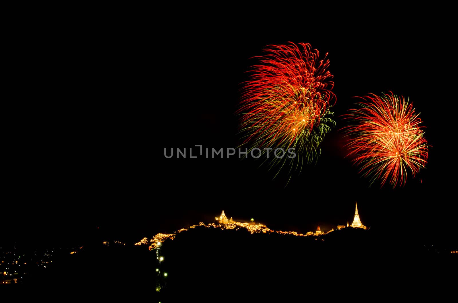 fireworks display above Thai temple on the hill at Khao Wang  Phetchaburi,Thailand