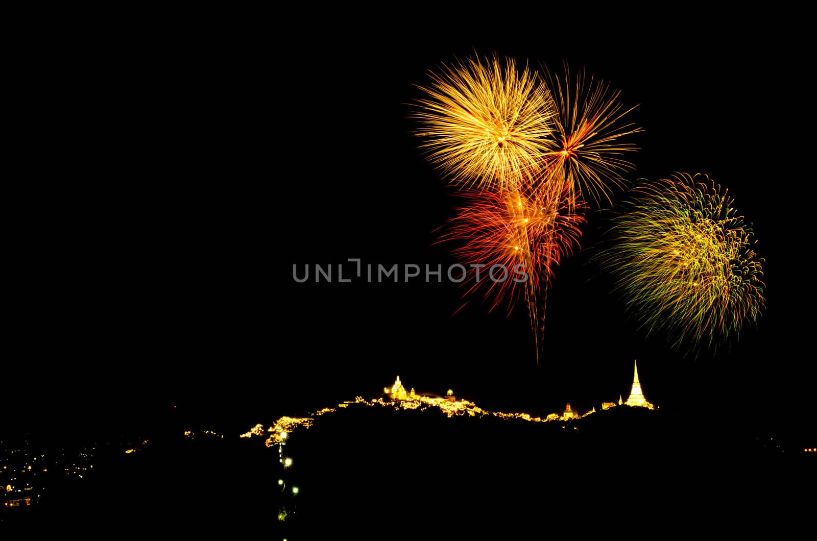 fireworks display above Thai temple on the hill at Khao Wang  Phetchaburi,Thailand