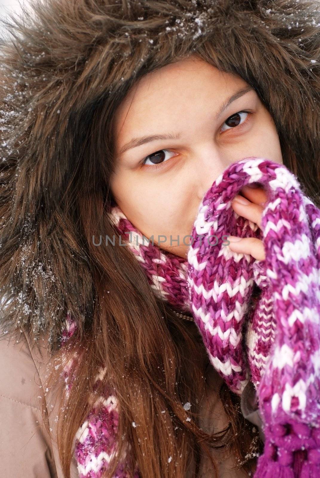 smiling teenager caucasian girl portrait in hood