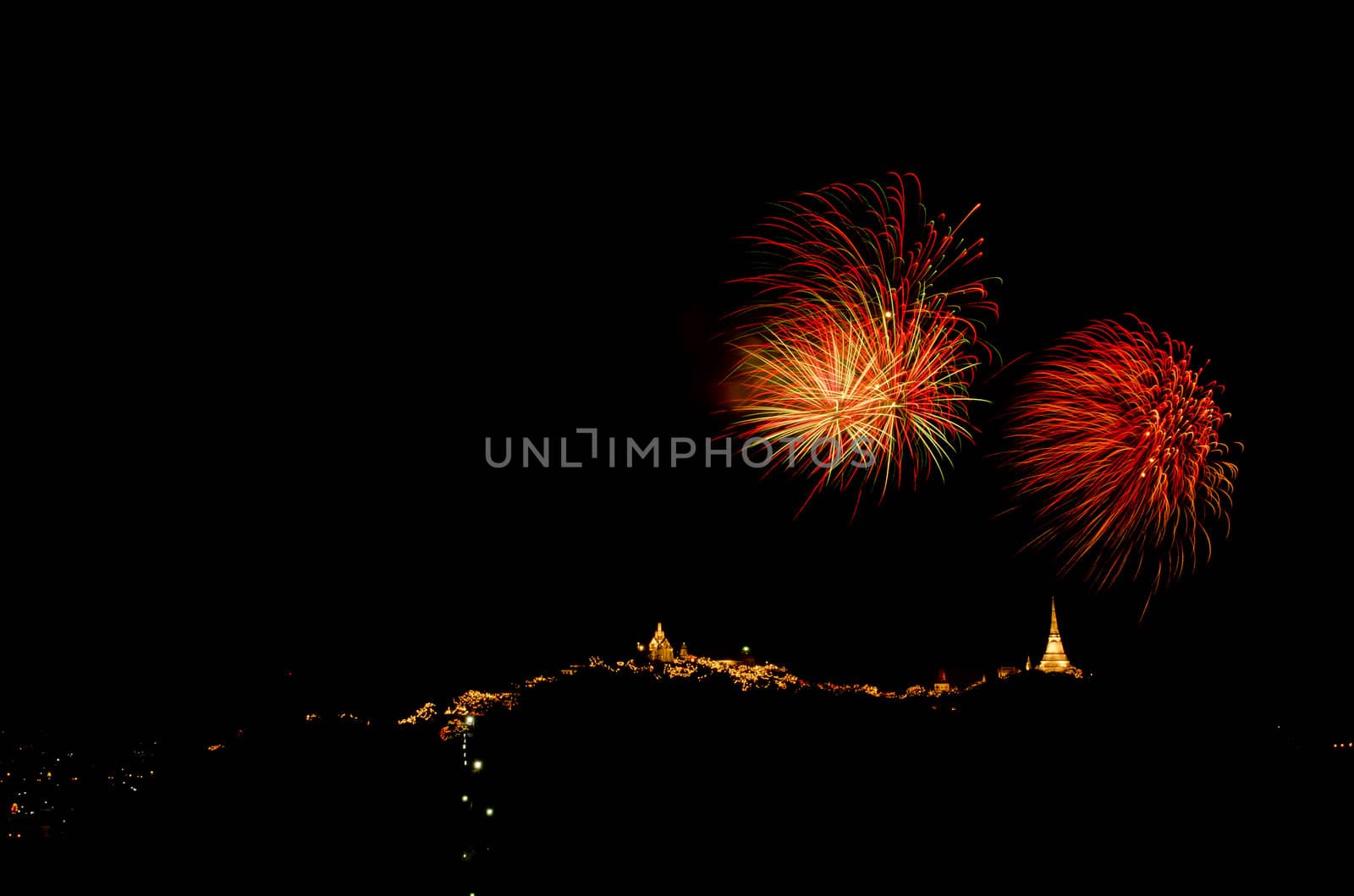 fireworks display above Thai temple on the hill at Khao Wang  Phetchaburi,Thailand
