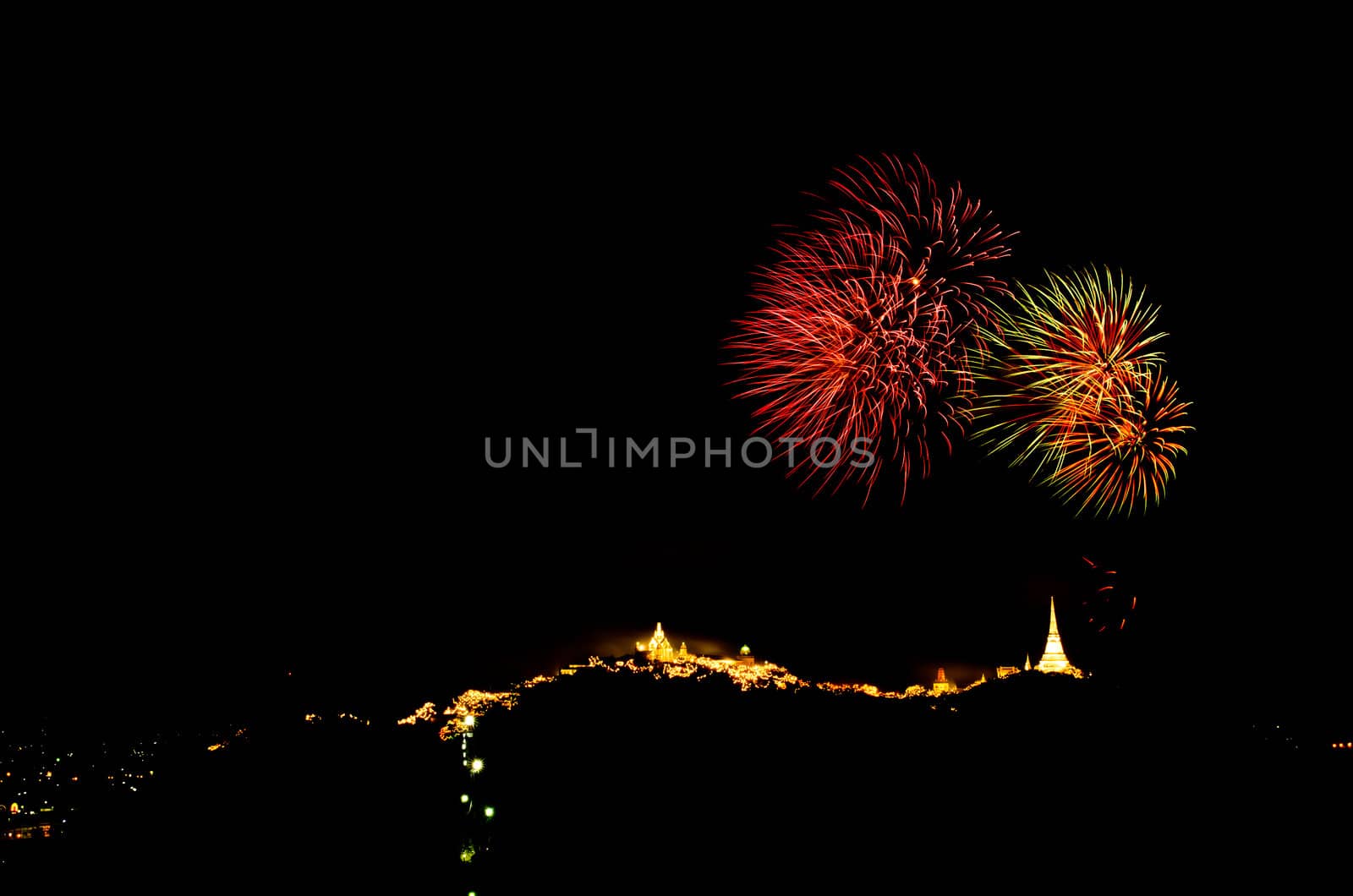 fireworks display above Thai temple on the hill at Khao Wang  Phetchaburi,Thailand