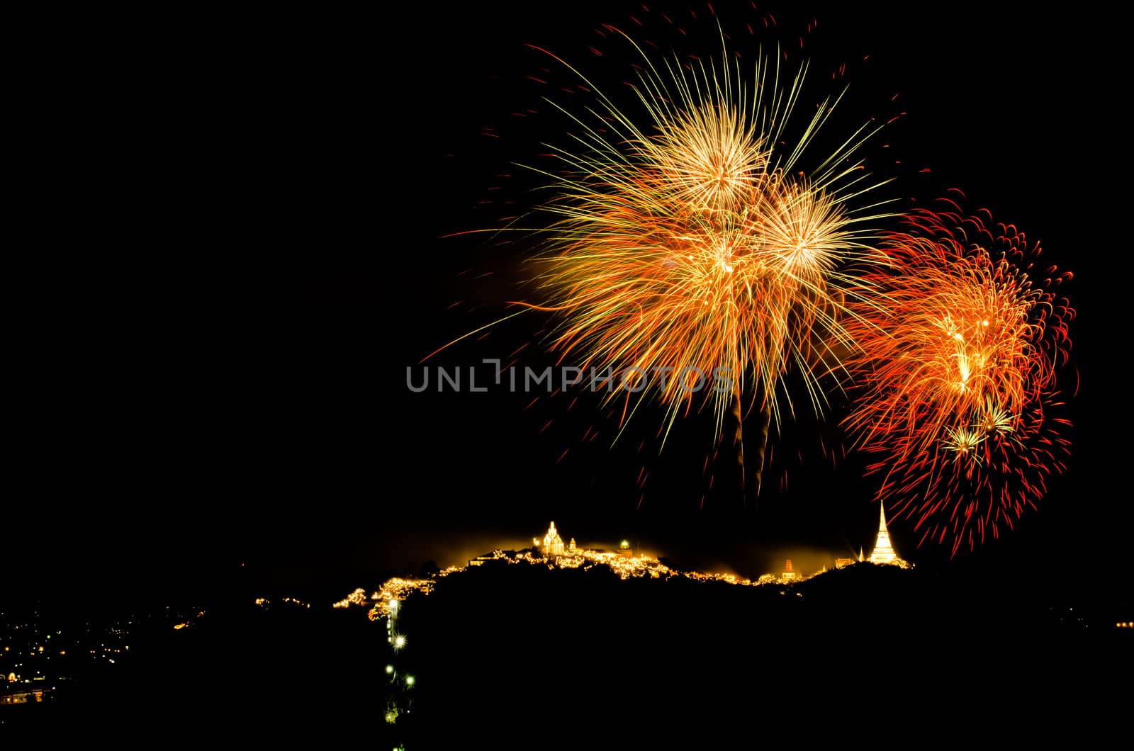 fireworks display above Thai temple on the hill at Khao Wang  Phetchaburi,Thailand