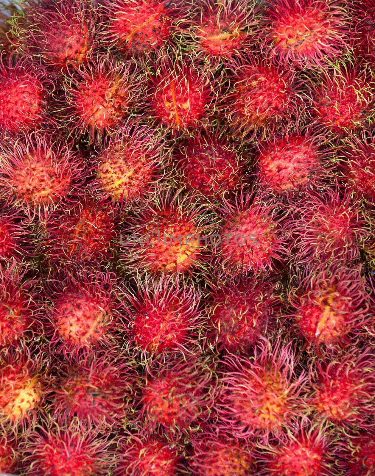 Vertical background - rambutans fruit on market counter