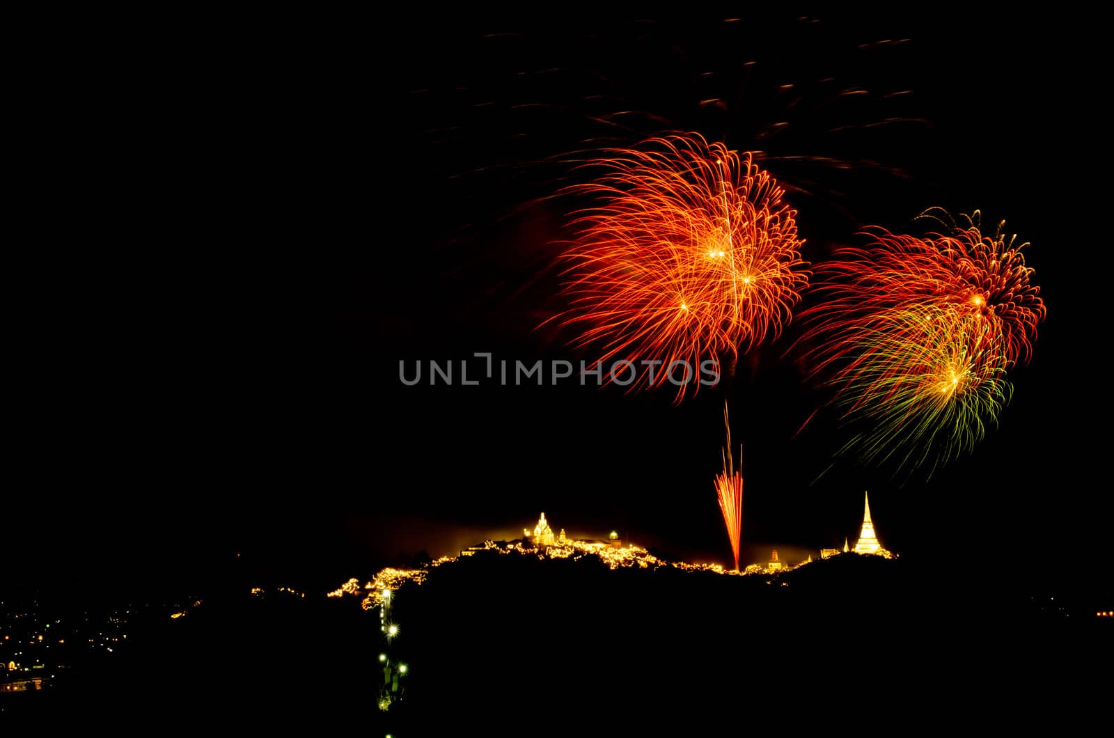 fireworks display above Thai temple on the hill at Khao Wang  Phetchaburi,Thailand