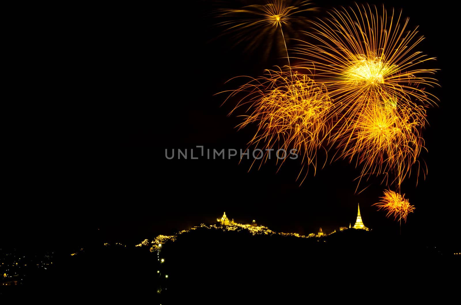 fireworks display above Thai temple on the hill at Khao Wang  Phetchaburi,Thailand