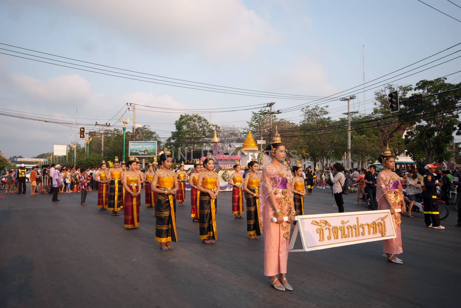 Phetchaburi, Thailand - March 28th:participants in Phranakhonkhiri festival parade 2013 on public street in front of Khao Wang  Phetchaburi on March 28th, 2013 in Phetchaburi Province, Thailand. 