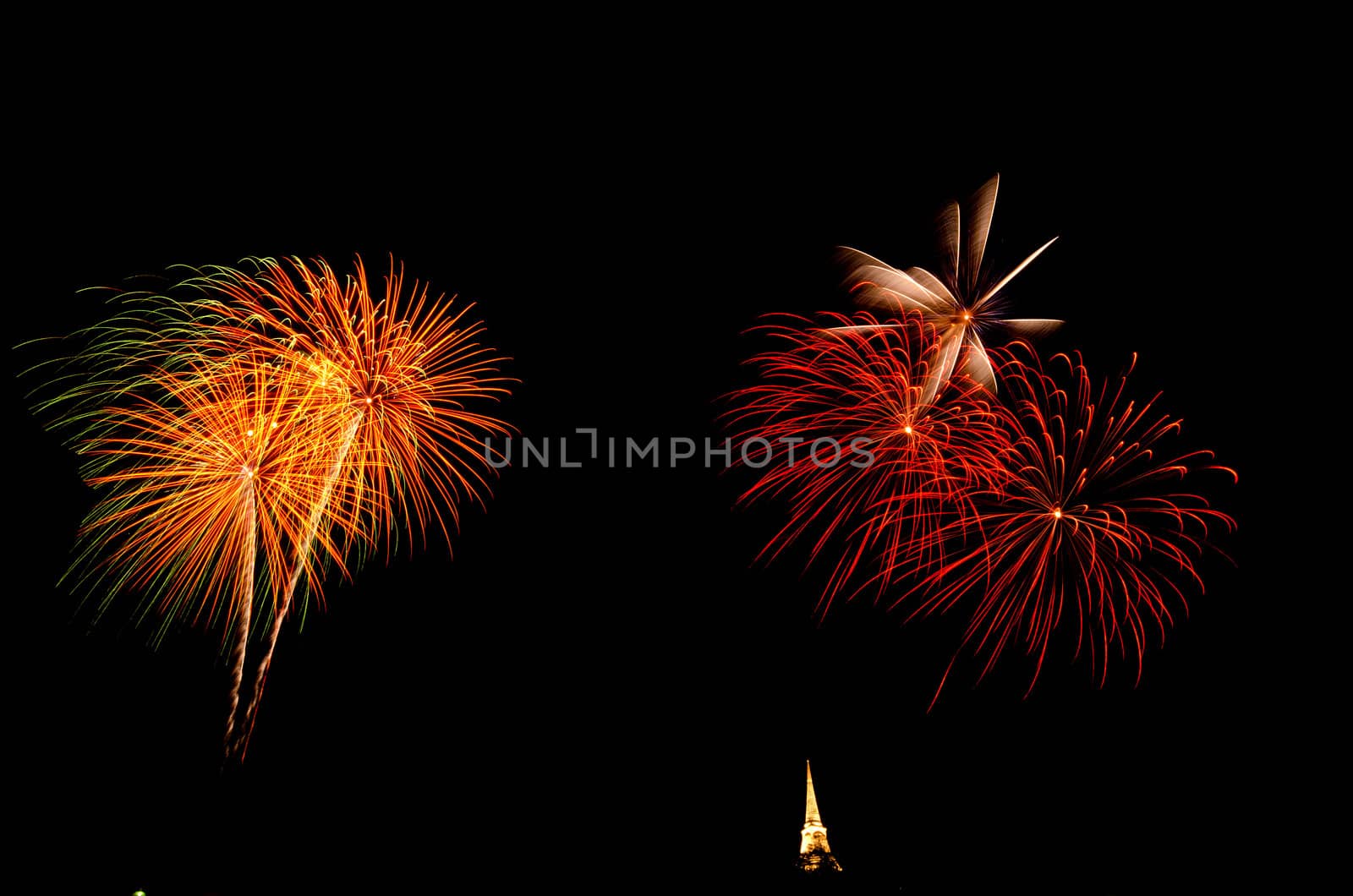 fireworks display above Thai pagoda at Khao Wang  Phetchaburi,Thailand