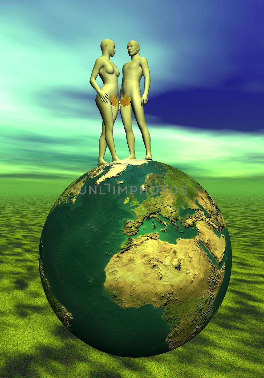 Adam and Eve with leaf upon the earth